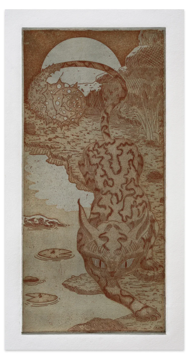 ALEX JACKSON
Untitled (Fearful Symmetry), 2023
Etching, aquatint and hand-dyed chine collé
Sheet size: 9.875 x 13.875”
Plate size: 5 x 10.75”
Edition of 20 + 5 AP
