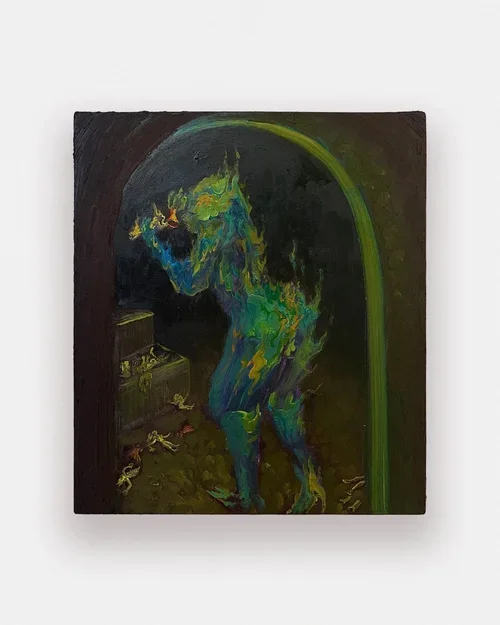 Nathan Hosmer Nevarez
Dejanme jugar con mis muñekitas (Let me play with my polly pockets), 2024
Oil on canvas stretched over panel
12 1/3 x 14 x 3 inches  (3081 x 35.6 x 7.6 cm)