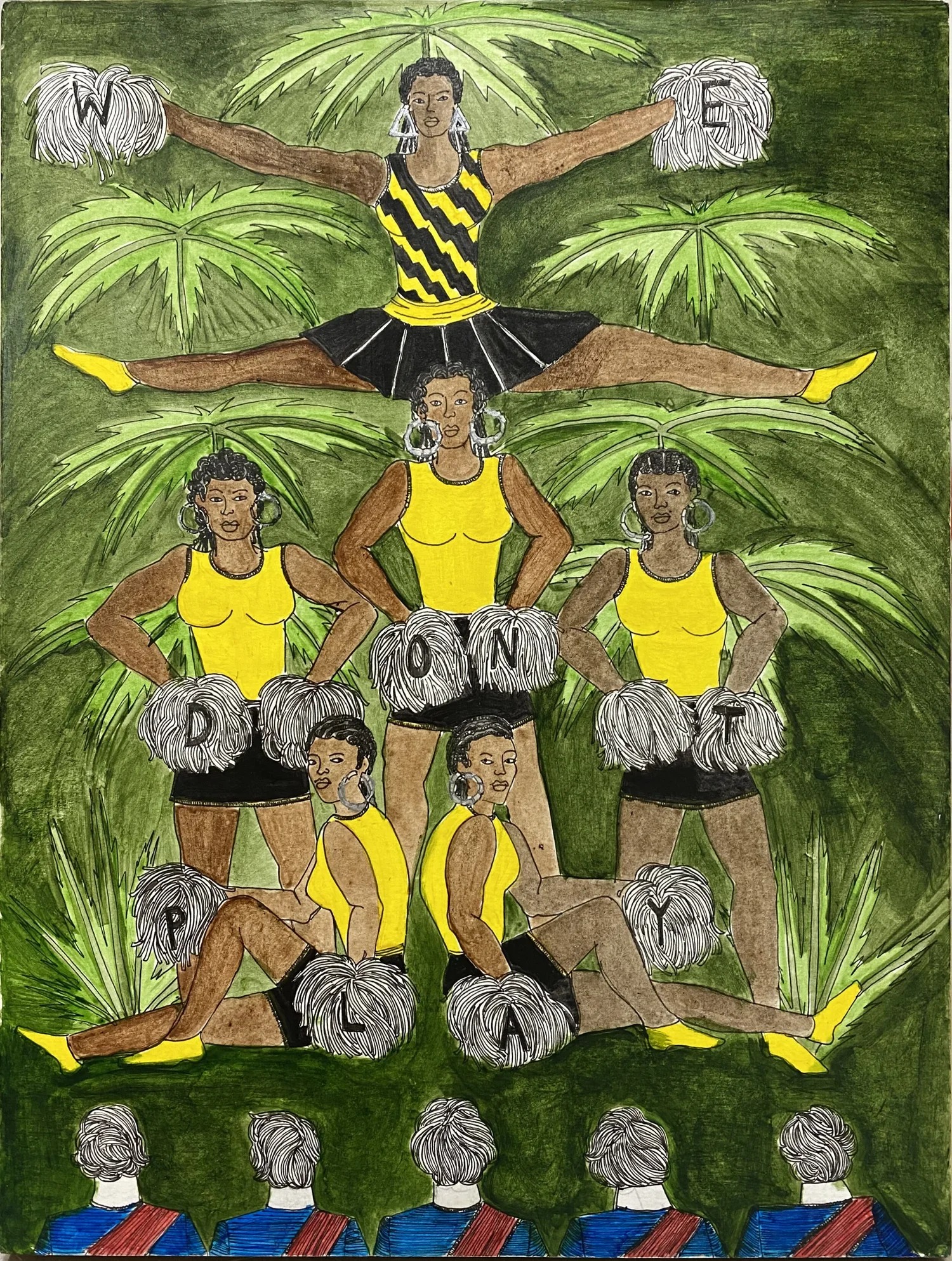 Umar Rashid
We don’t play. (Colonial cheerleaders letting the colonizers know what’s up).
2020
Acrylic and ink on paper, mounted to panel
11 X 14 inches