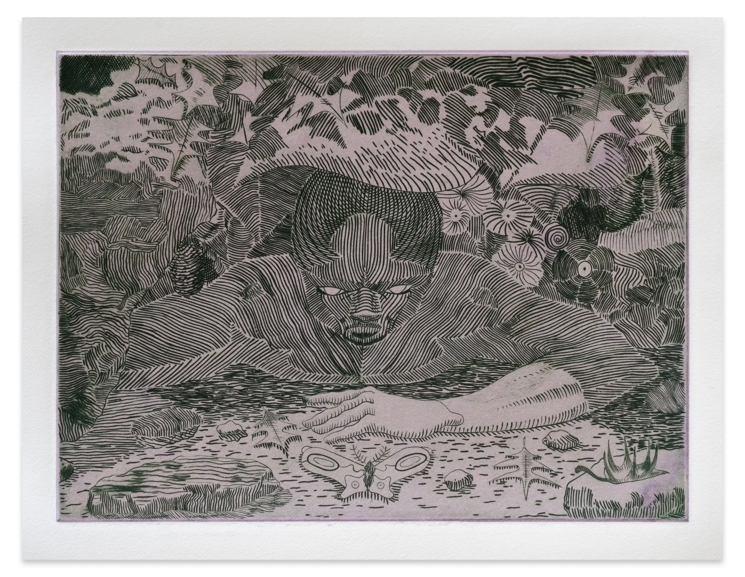 ALEX JACKSON
Dasein, 2023
Copperplate engraving with
Hand-dyed chine collé
Sheet size: 9.875 x 13.875”
Plate size: 5.875 x 8”