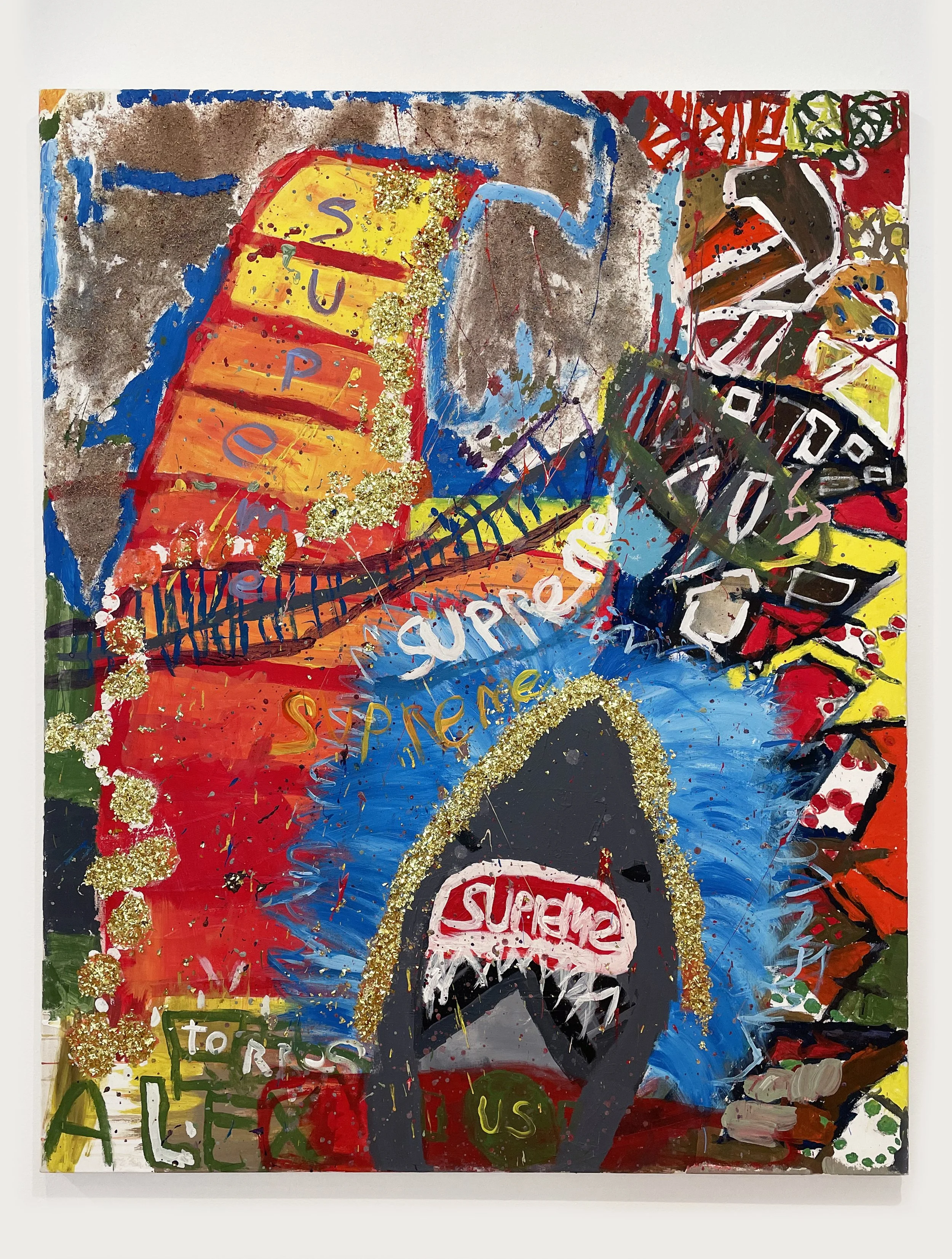 Alex Torres
Supreme Shark
Acrylic, pencil shavings and glitter on raw canvas
48 x 60 inches