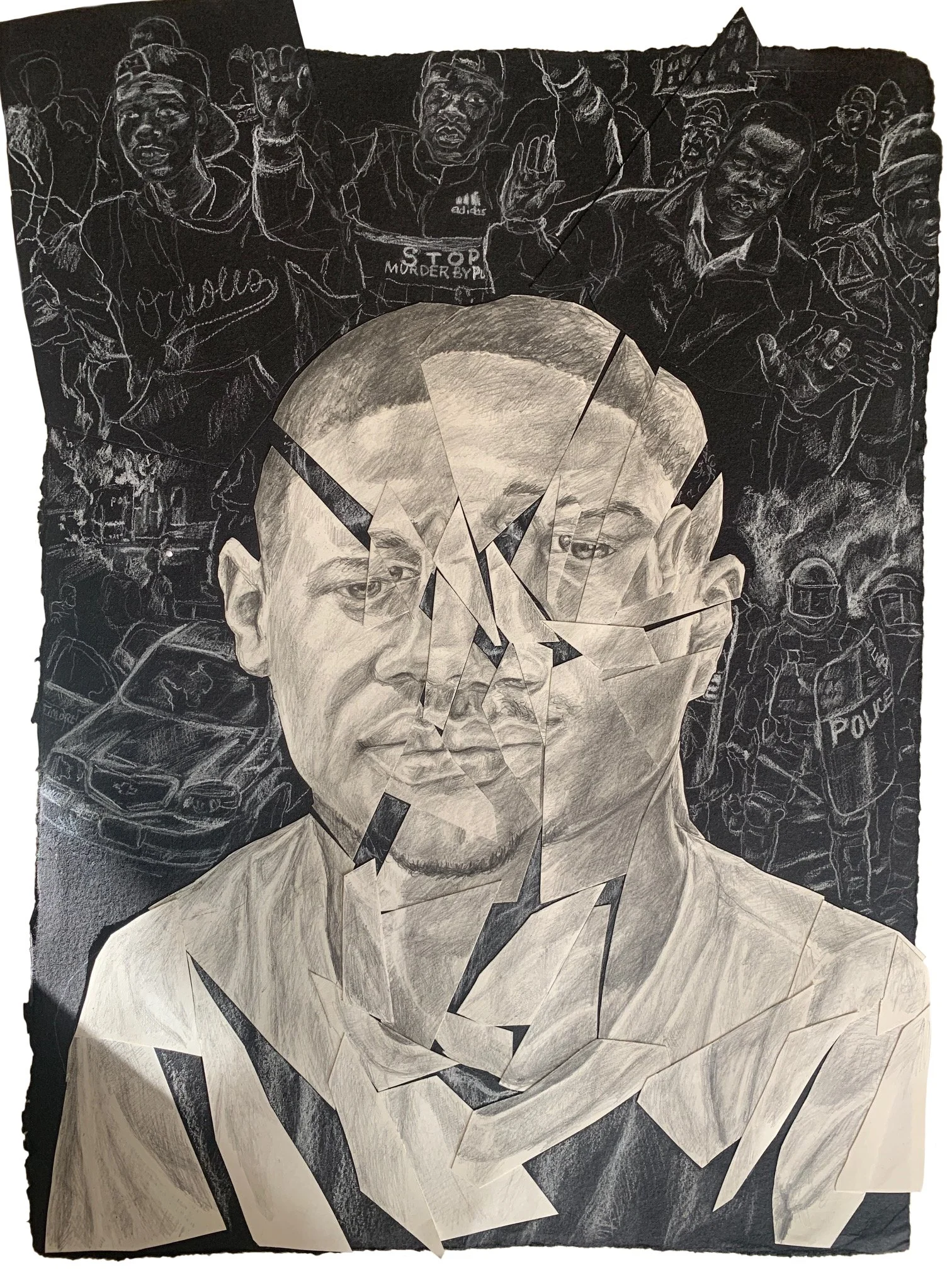 Anthony Peyton Young
Baltimore Protest: Freddie Gray 25, April 19, 2015
2021
Collage with graphite and chalk
15.75 x 11.25 inches (20 x 16 inches framed)