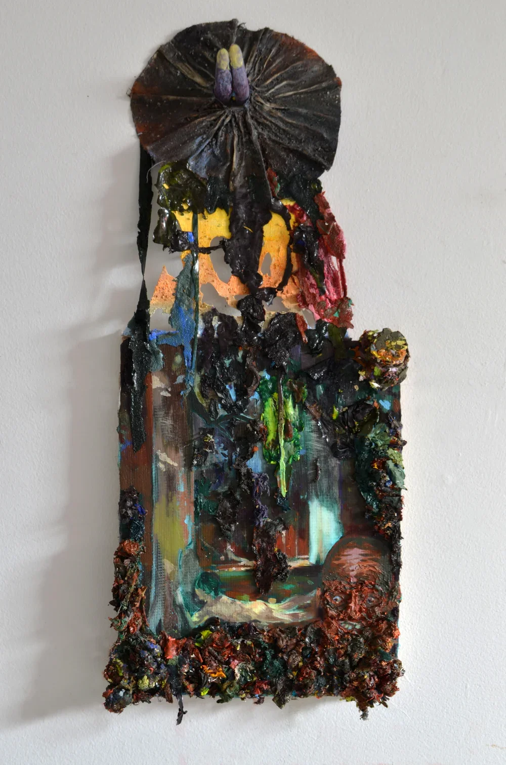 JACOB TODD BROUSSARD
Hermit 2
2019
Acrylic, oil, molding paste, clay, canvas on burlap over panel
28 x 11 inches