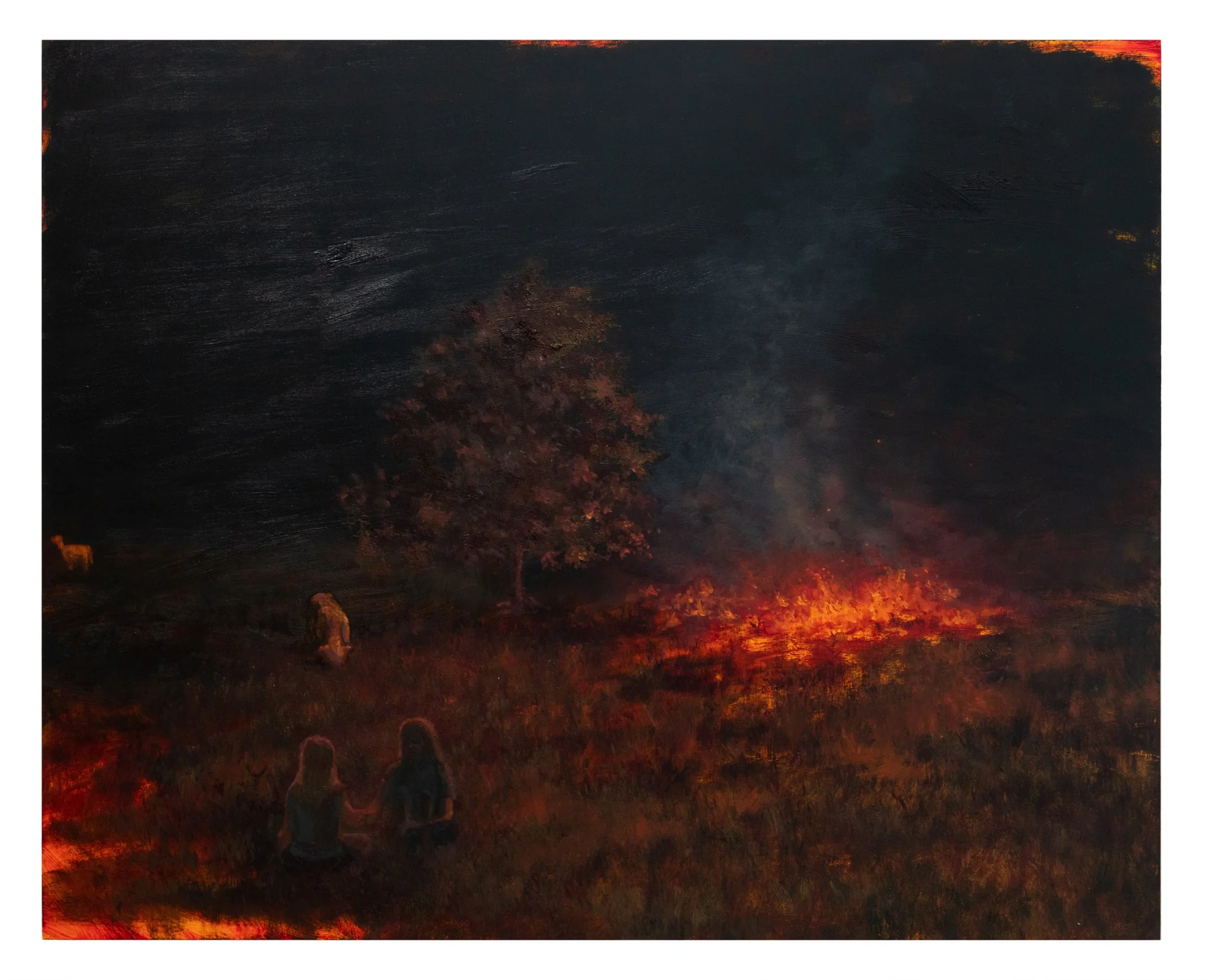ANNIKA TUCKSMITH
The girls, the sheep, the tree, the fire, 2025
Oil on panel
24 x 30 inches (61 x 76.2 cm)