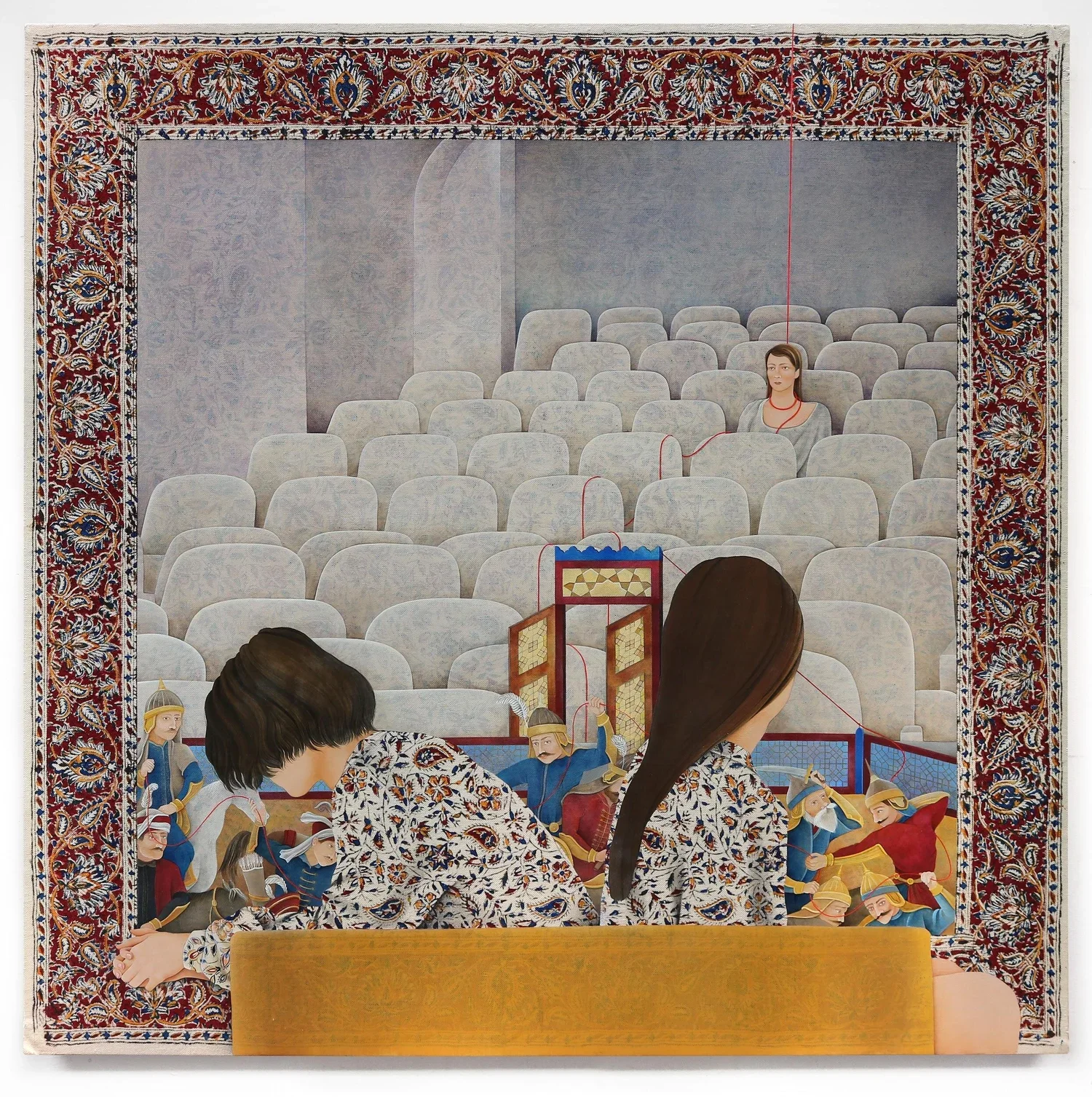ARGHAVAN KHOSRAVI
The Spectacle
2019
Acrylic on found woodblock-printed fabric, mounted on wood panel
40 x 40 inches