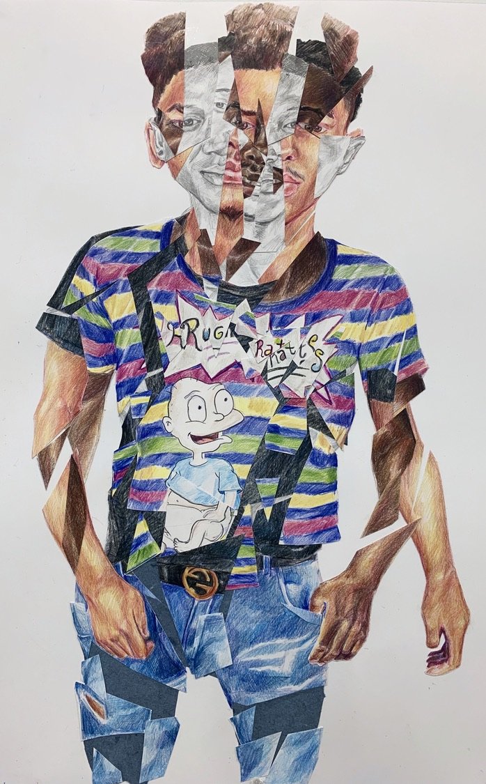 Anthony Peyton Young
Say His Name VI: Daunte Wright 20 April 11, 2021 
Andrew Brown Jr., 42, April 21, 2021 
Kurt Andras Reinhold, 42, Sept. 23, 2020 
Elijah Jovan McClain 23, August 24, 2019
2021
Collage with Color pencil, denim paper, and graphite
