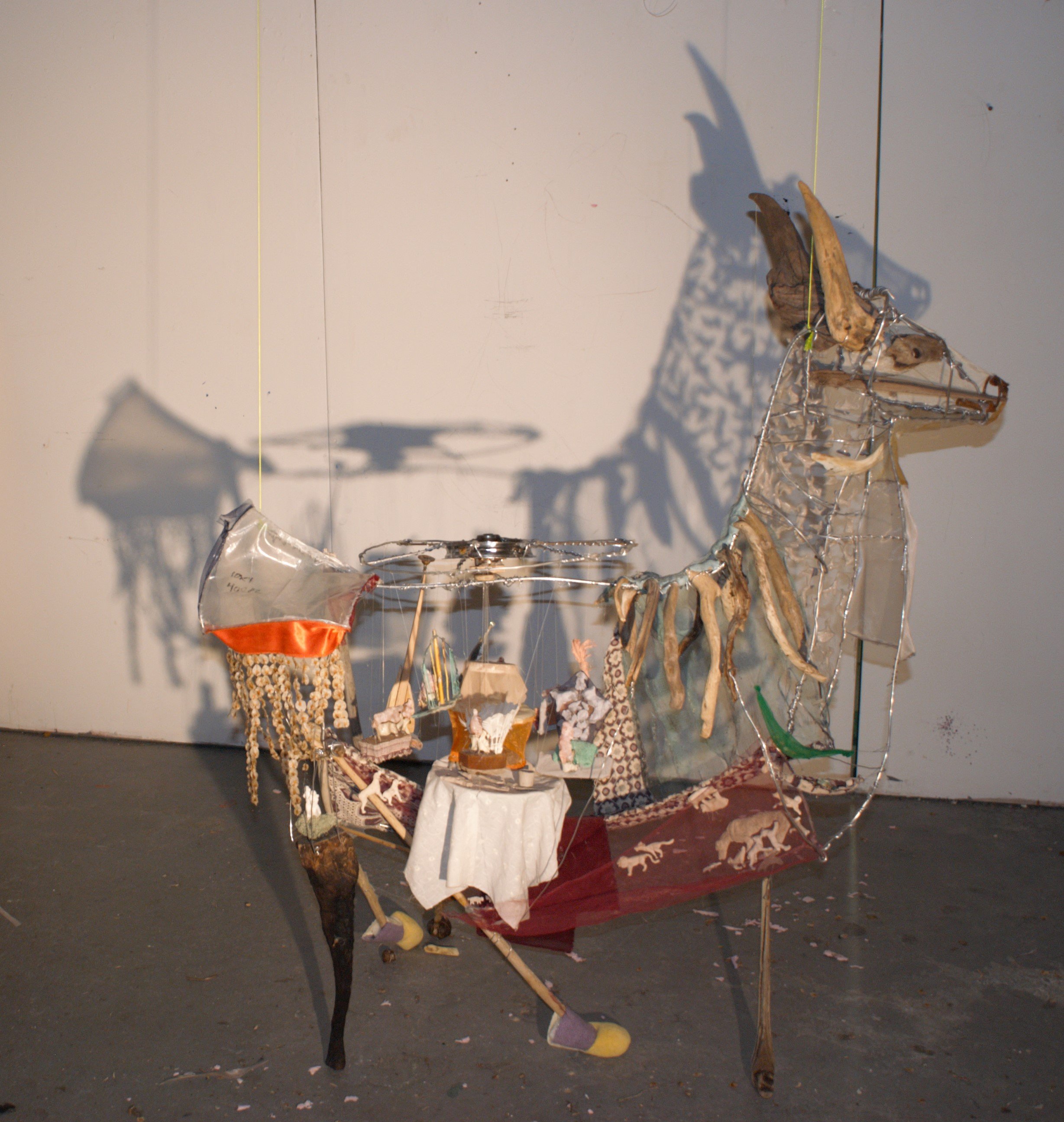 Eleni Giannopoulou
The Goat Character from '' A play about Rape''
2021
Wood, wire, marble, copper, drift wood, argile clay, aquaresin, bones, seeds, fabric, metals, paper, resin clay, plaster, fish Line, pink
alabaster stone, leather, feathers, flowe