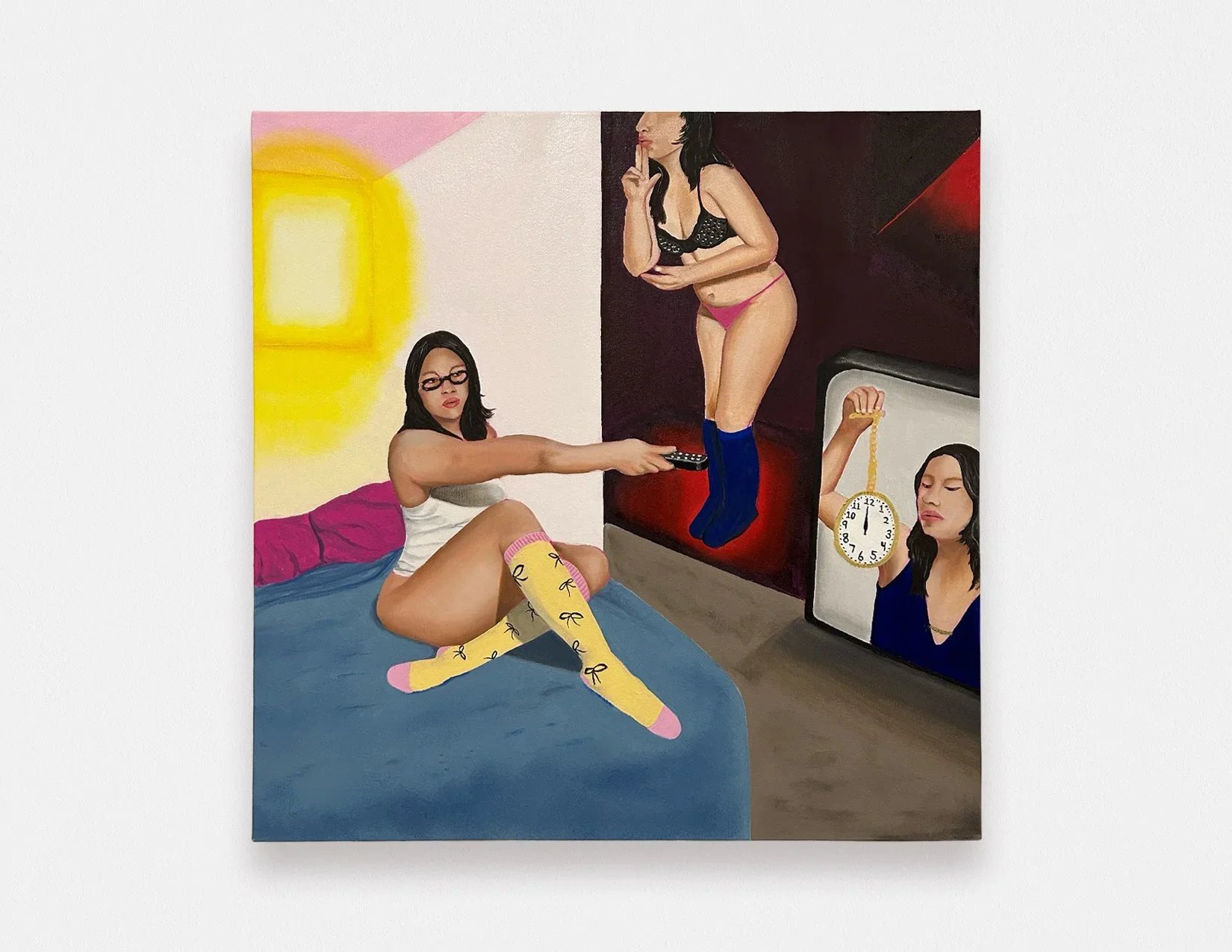 IONE BLEU BUSTOS
The Clock is Ticking, and I Can’t Just Change the Channel, 2025
Oil on canvas
24 x 24 inches (61 x 61 cm)