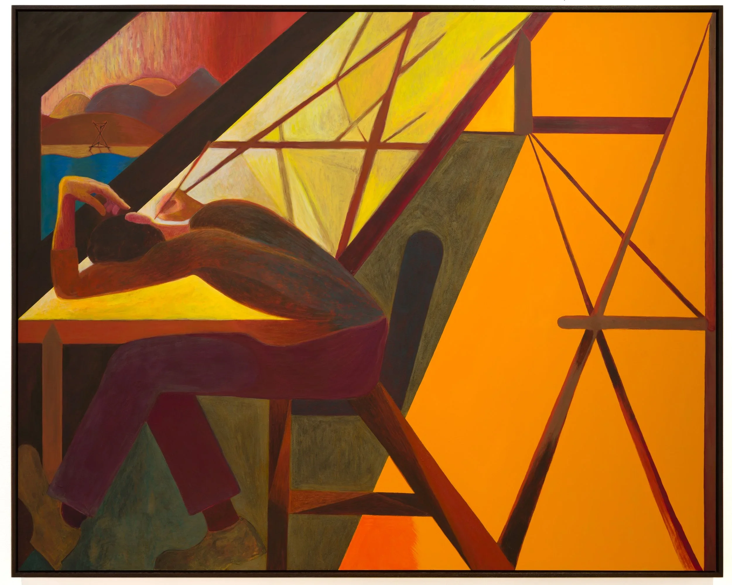 Damien H. Ding
Drawing an A, 2023
Egg tempera on panel
49.125 x 61.125 inches framed