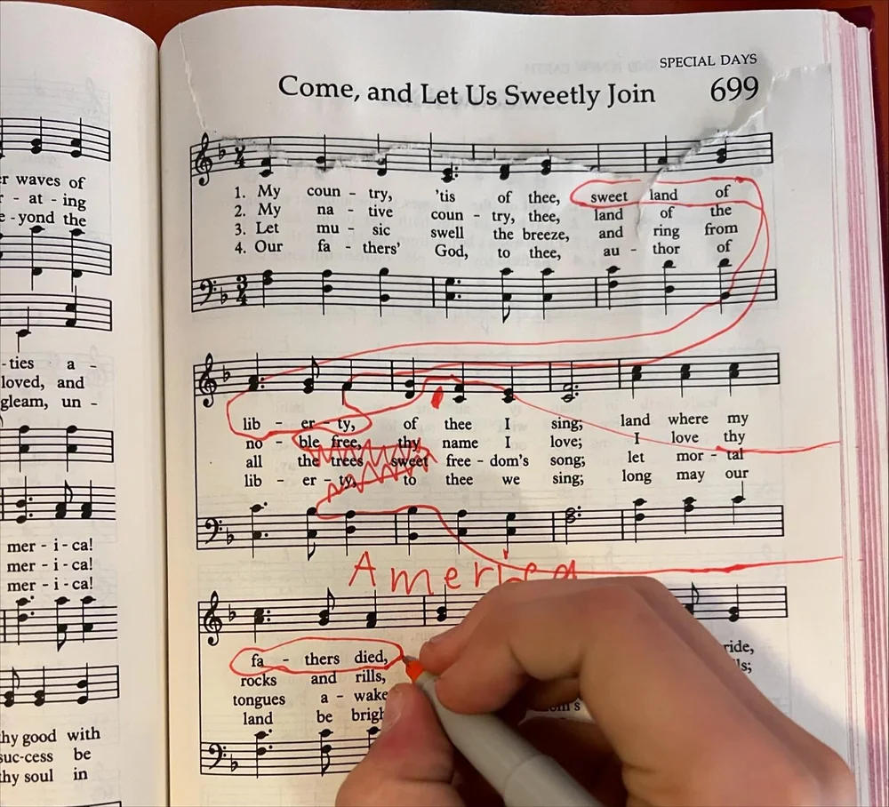 With some to-be-recycled hymnals we explored the themes of mercy, grace, and service within songs used on national holidays.
