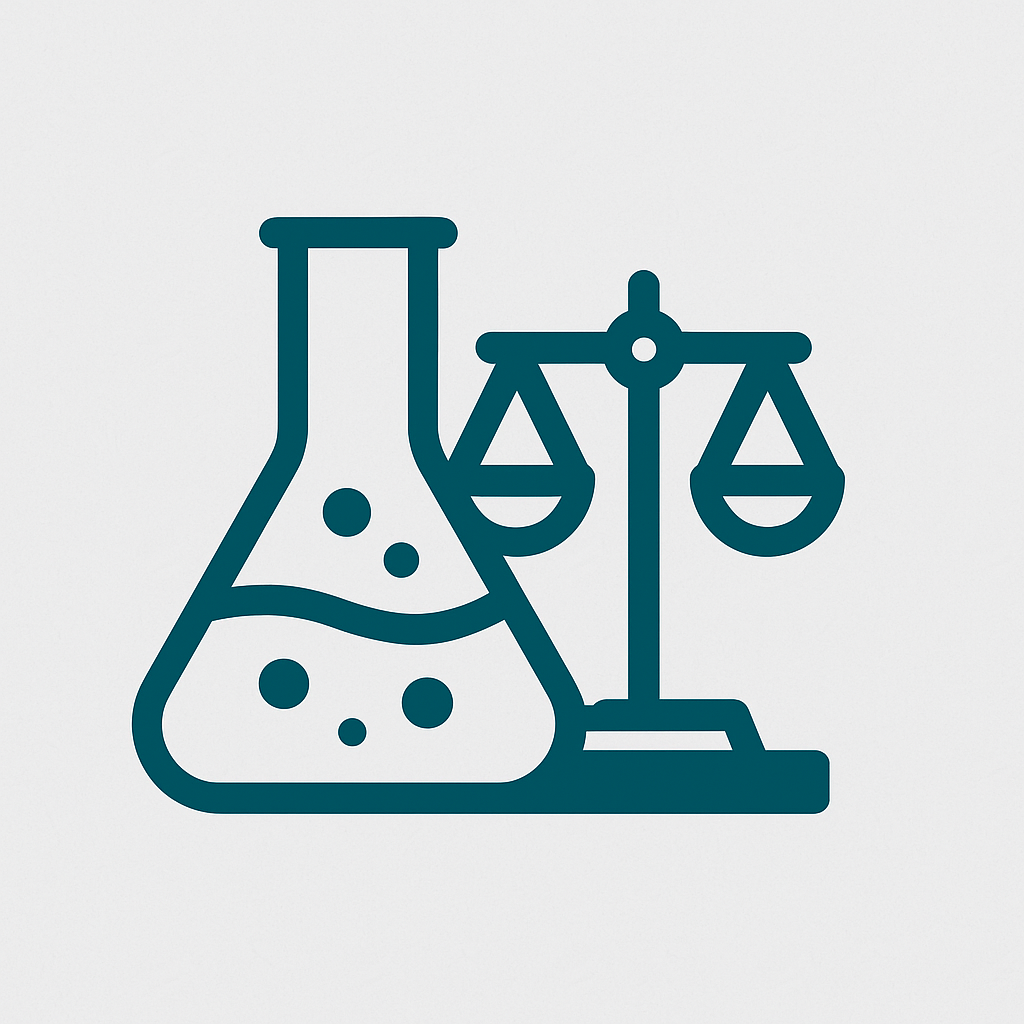 Icon combining a laboratory flask and balanced scales, representing Impact Talent’s evidence-led methodology using behavioural science and expert human judgement.