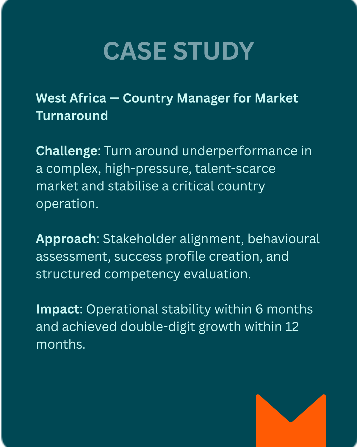 Case study summarising Impact Talent’s Country Manager search in West Africa, including the challenge, structured approach, and measurable commercial impact achieved within 6–12 months.