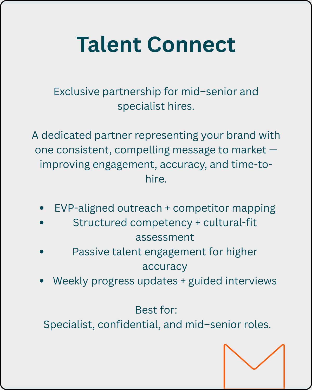 Talent Connect card outlining exclusive partnership for specialist and mid–senior hires, highlighting EVP-aligned outreach, deeper assessment, passive talent engagement, and guided interview management.