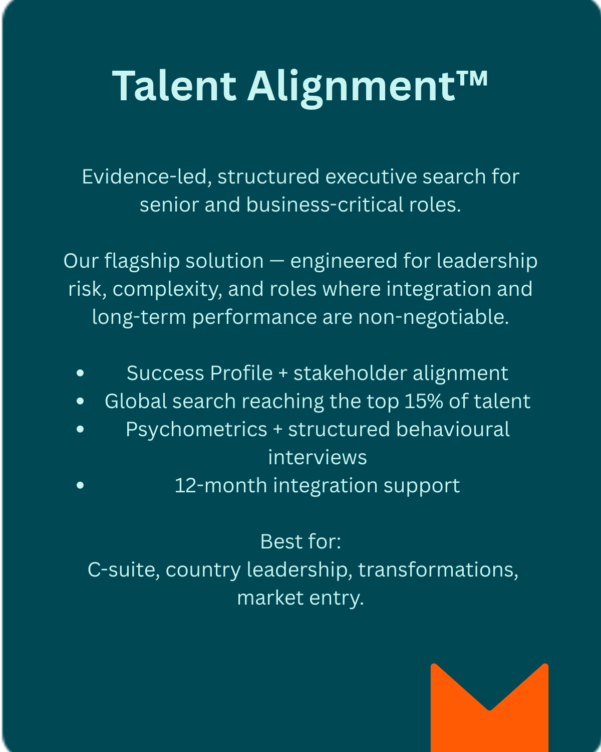 Talent Alignment card presenting Impact Talent’s evidence-led executive search for senior and business-critical roles, featuring Success Profiling, global headhunting, behavioural assessment, and 12-month integration support.