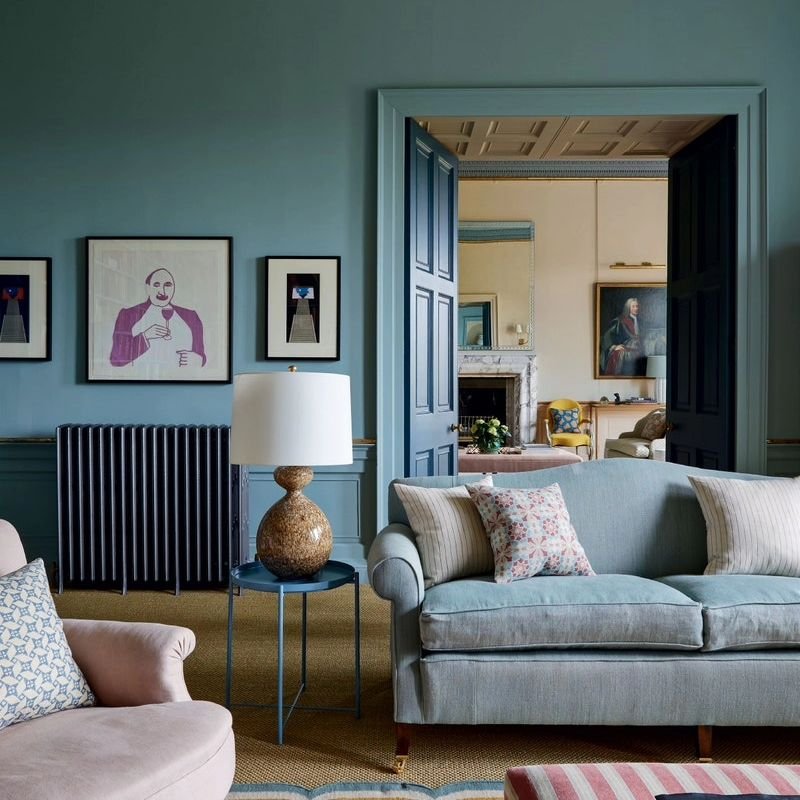 I haven't been able to get @oliviaemeryinteriors redesign of Eildon Hall out of my mind since I first saw the @houseandgardenuk article last month.  The bold and clever colour placement, blue in particular running through the entire house, and the pe