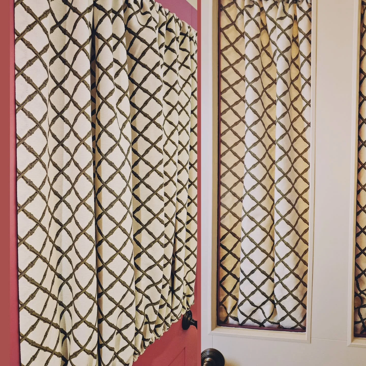 Pantry perfection finished off with a pretty door curtain concealing valuable storage space in style.

#Pantry #doorcurtains #kitcheninspo #kitchencurtains #countryfurnishings #curtainmaker #upholsterer