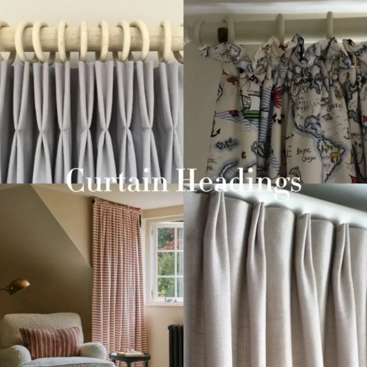 Next up, different curtain headings.

Pinch pleats are probably the most popular. Opt for either single, double or triple.  Triple is the most traditional, double works in both contemporary and traditional interiors and stacks back more neatly, and s