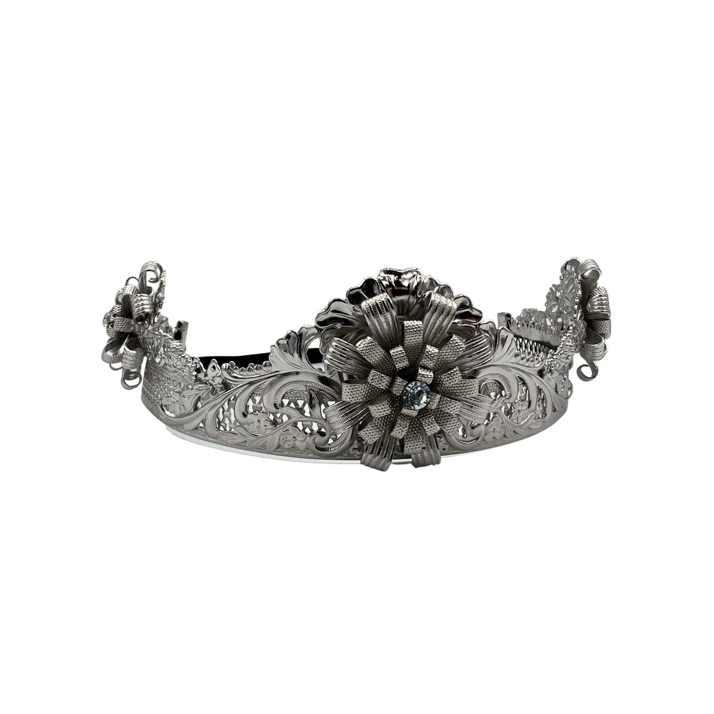She Dealt Her Pretty Words Like Blades - Silver Plated Crown Headpiece featuring Flowers and Sparkling Crystals by Dauphines of New York x Sora Magazine