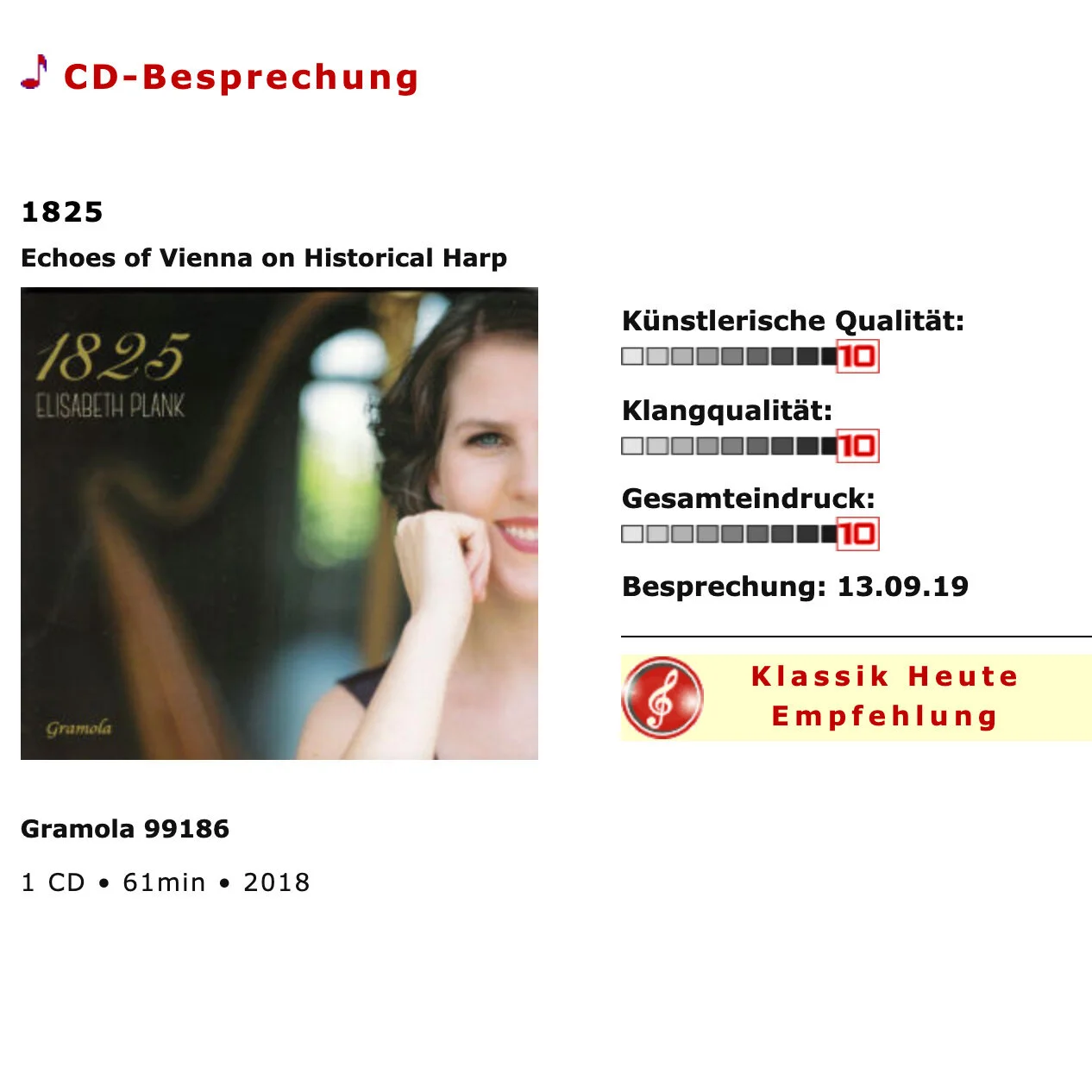 „Belcanto on the harp“ - Klassik Heute has given Elisabeth Plank’s latest album "1825" a "Klassik Heute recommendation" and full points!