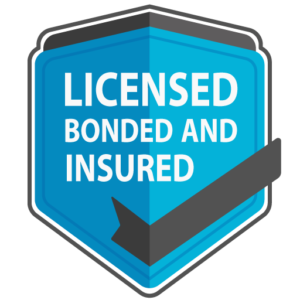 A blue badge with a dark gray border displays the text 'LICENSED BONDED AND INSURED' in white and light blue letters.