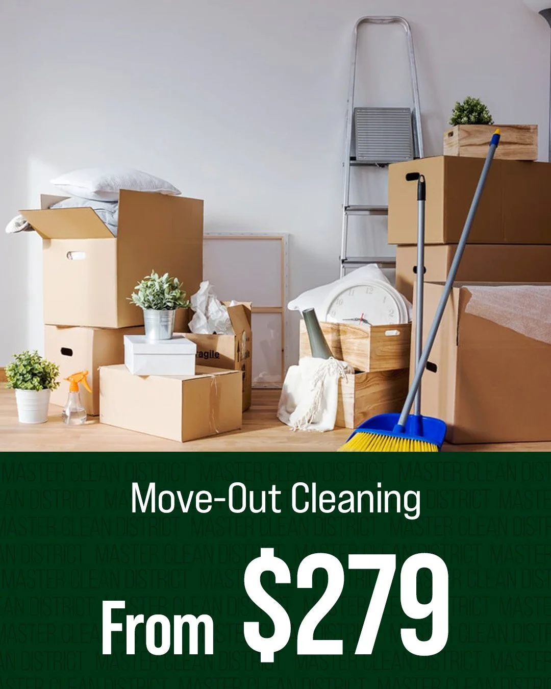 A room filled with moving boxes, some open with pillows and miscellaneous items, a step ladder, a white wall, and cleaning supplies including a broom and spray bottle, indicating a move-out cleaning scene.