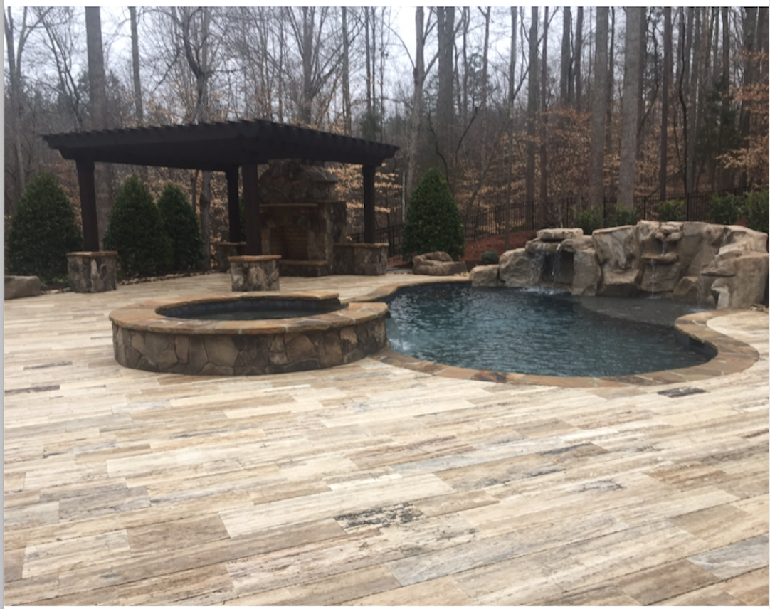  Silver Vein-Cut Plank Style Travertine into Stone Fireplace and Water Feature 