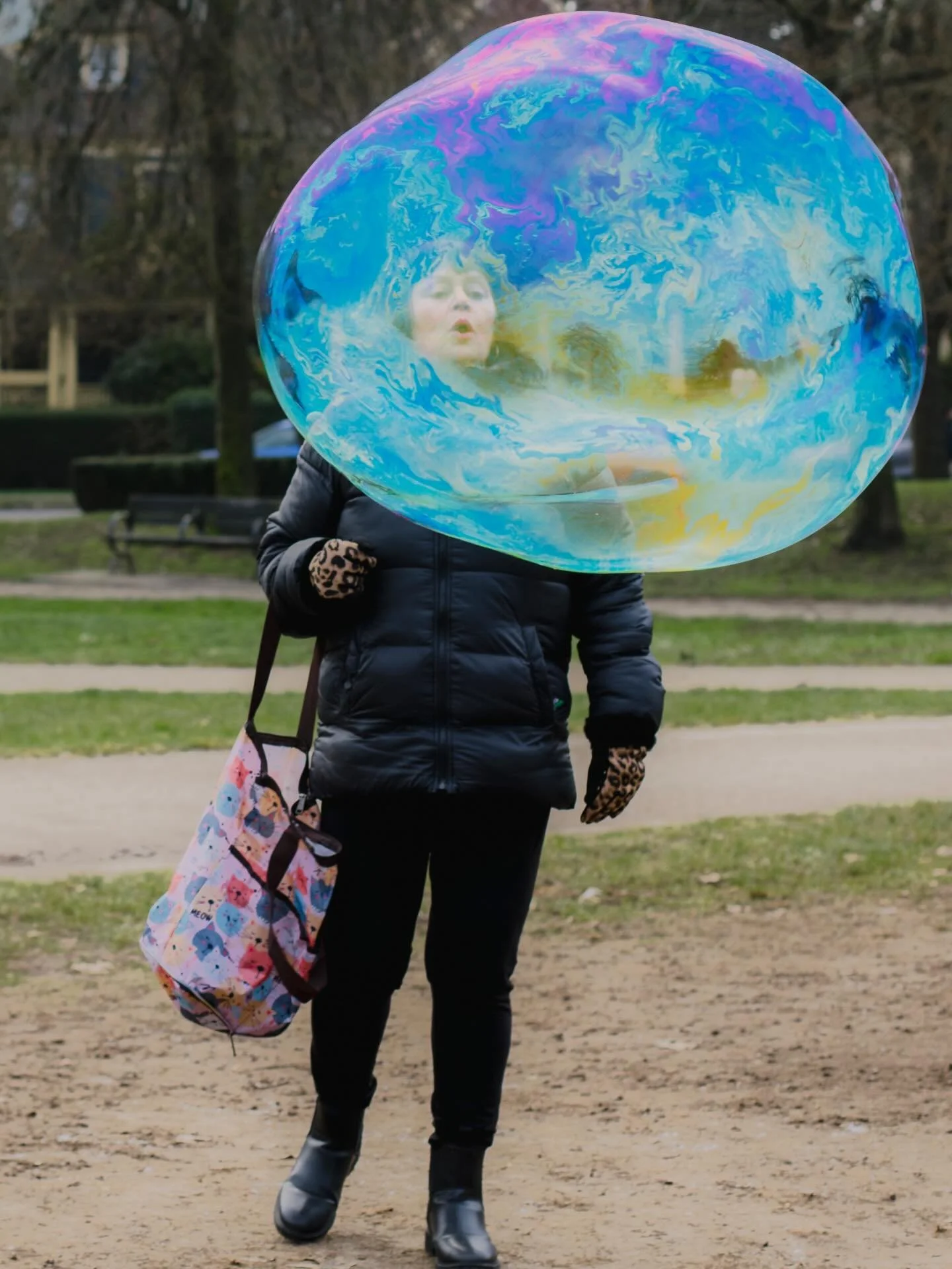Patti in the park, with her husbands bubble