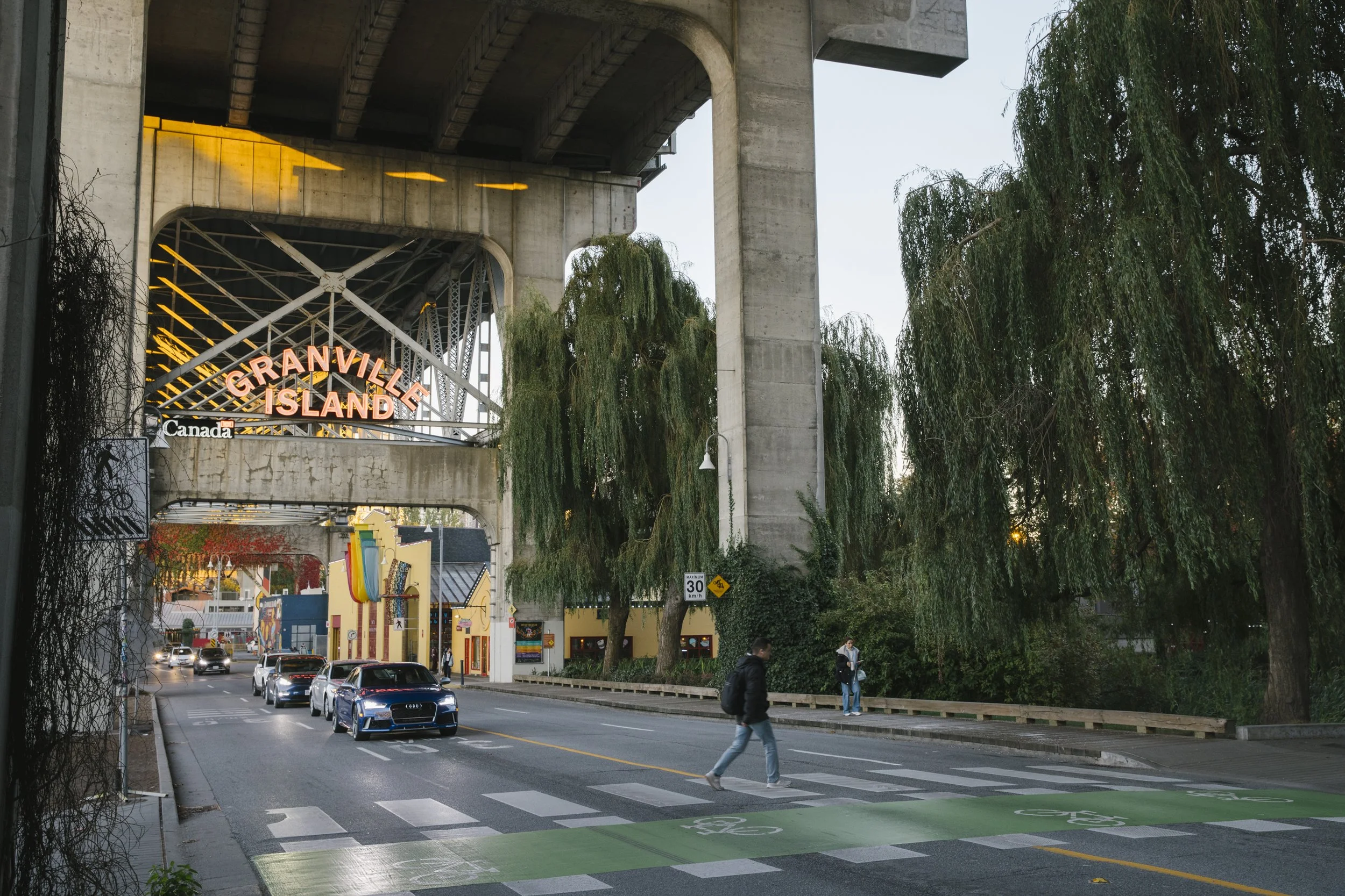 The entrance to Granville Island at sunset
