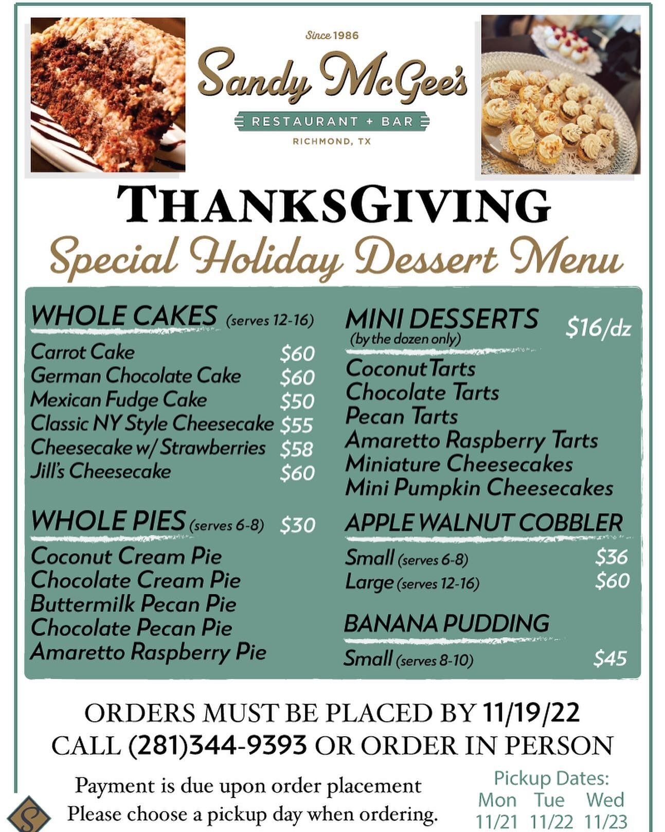 Time to get your Thanksgiving Desserts ordered!
🥧🍰🧁🥧🍰🧁🥧🍰🧁🥧🍰🧁
Choose from and expanded selection of our legendary desserts - including mini versions of coconut, chocolate, and pecan pies, pumpkin cheesecake, apple walnut cobbler, and more!