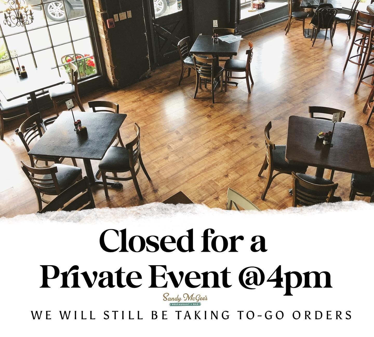 Sandy McGee&rsquo;s will be closing at 4pm - Friday, January 6th - for a private event. We will still be taking to-go orders all night.

www.SandyMcGees.com // (281)344-9393

See you for Lunch!!