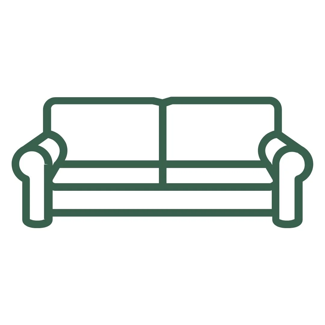 Outline drawing of a sofa with rolled arms and two cushions.