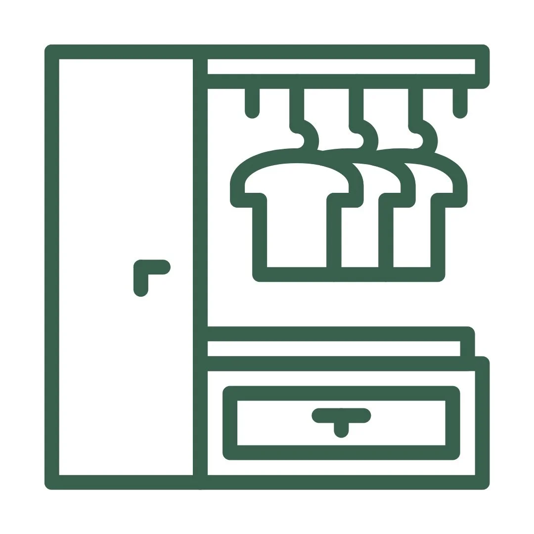 Icon of a cabinet with a door, hanging storage for three shirts, and a drawer at the bottom.