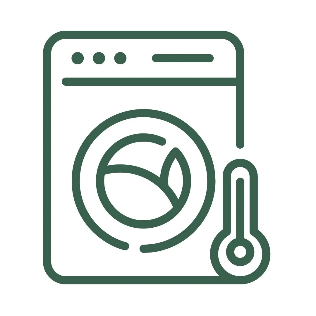 Line drawing of a washing machine with a laundry symbol and a thermometer indicating temperature.