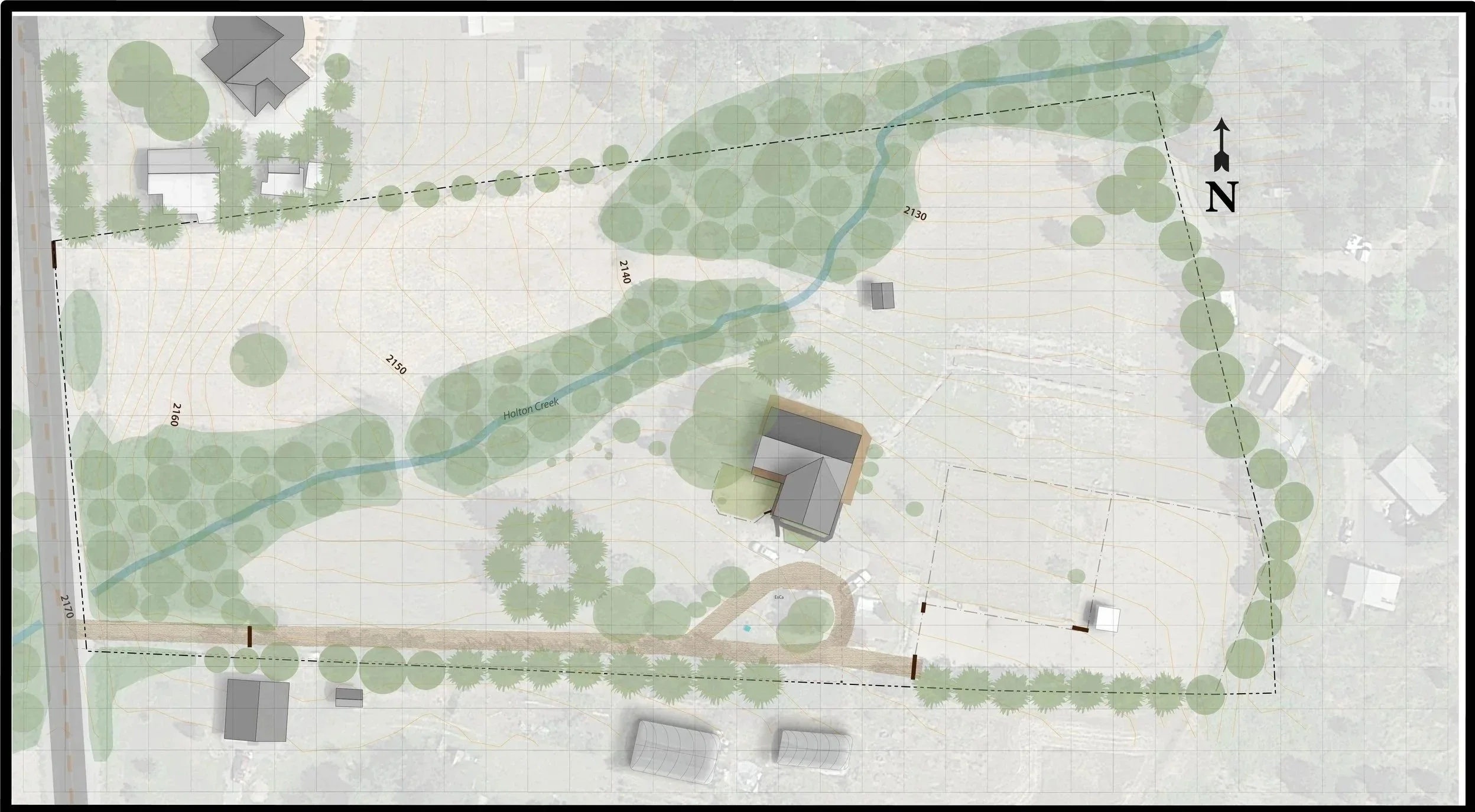 Ecological Site plan of a homestead property showing various structures, trees, a creek named Holton Creek, and a boundary fence, with a compass indicating north.