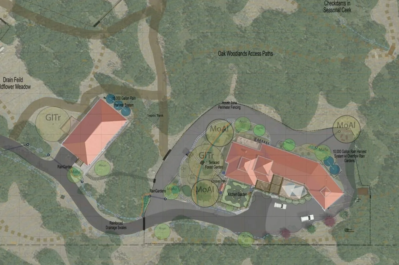 A detailed permaculture based ecological landscape design plan for a homestead property shows various features such as property boundaries, roads, fencing, gates, vegetative plantings, water features, and utility infrastructures. 