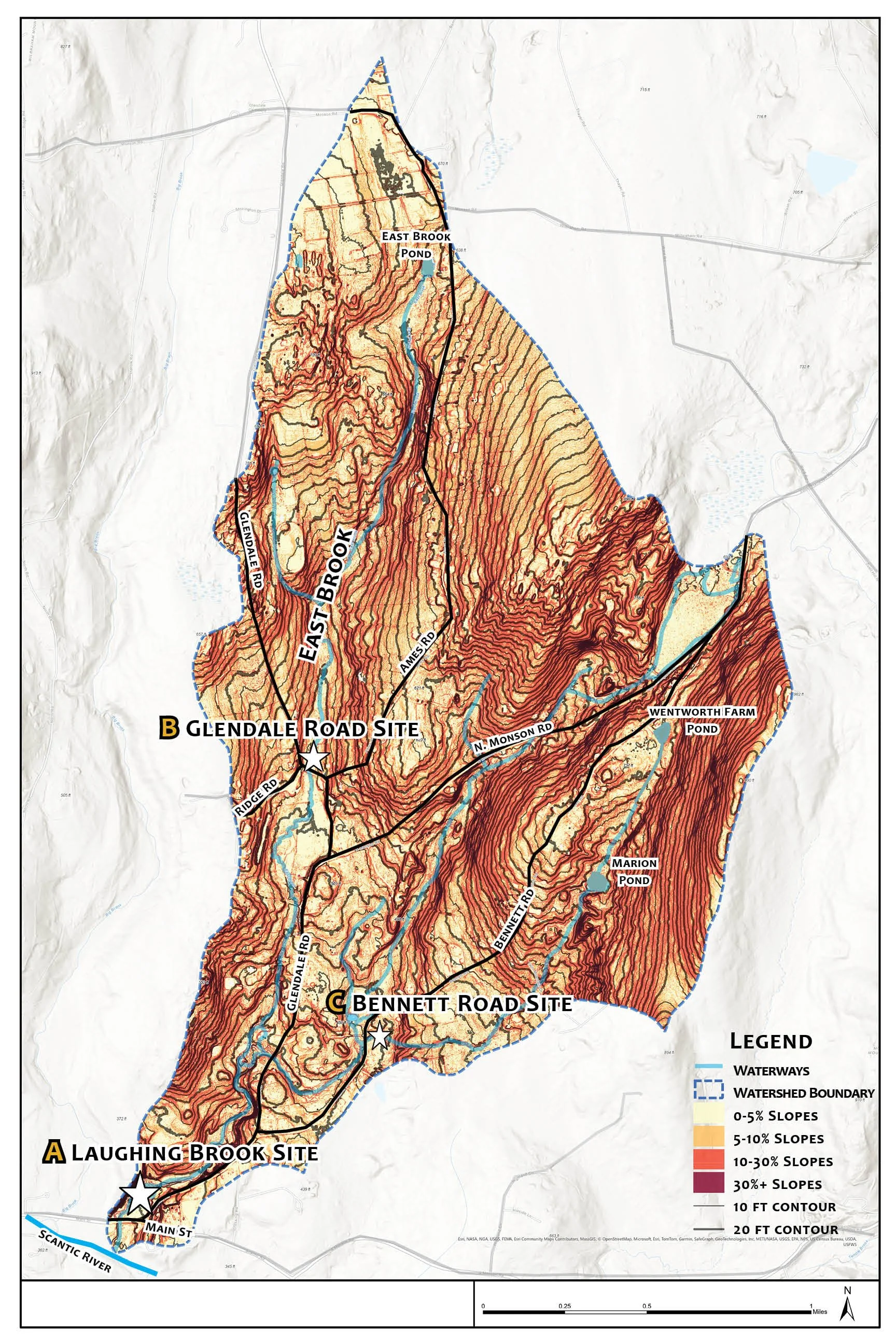 east brook watershed slopes & topography with labels map.jpg