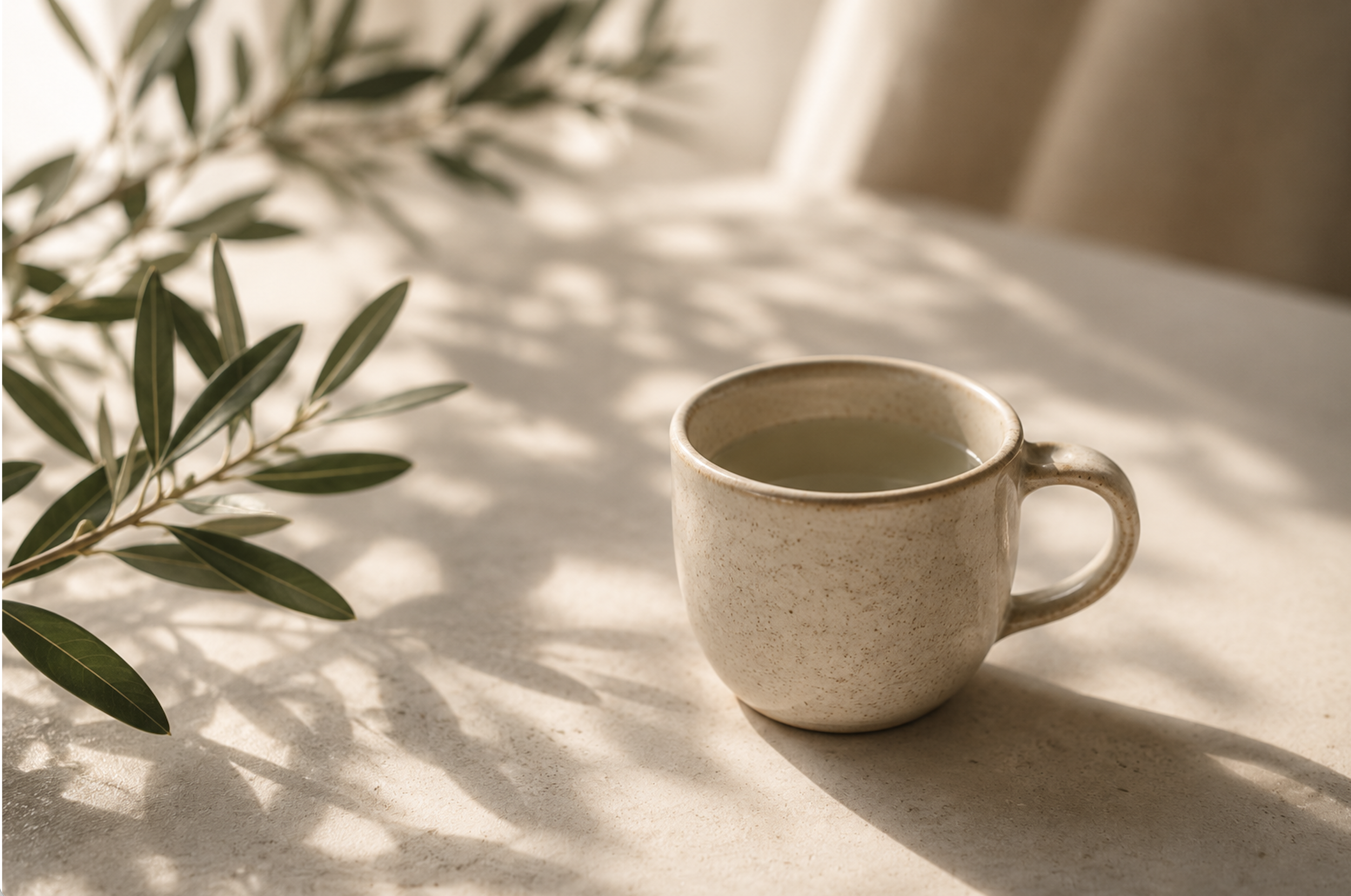 A beige ceramic mug filled with a hot beverage, placed on a light-colored surface. A branch with green leaves is visible on the left side, and soft sunlight creates shadows on the surface.