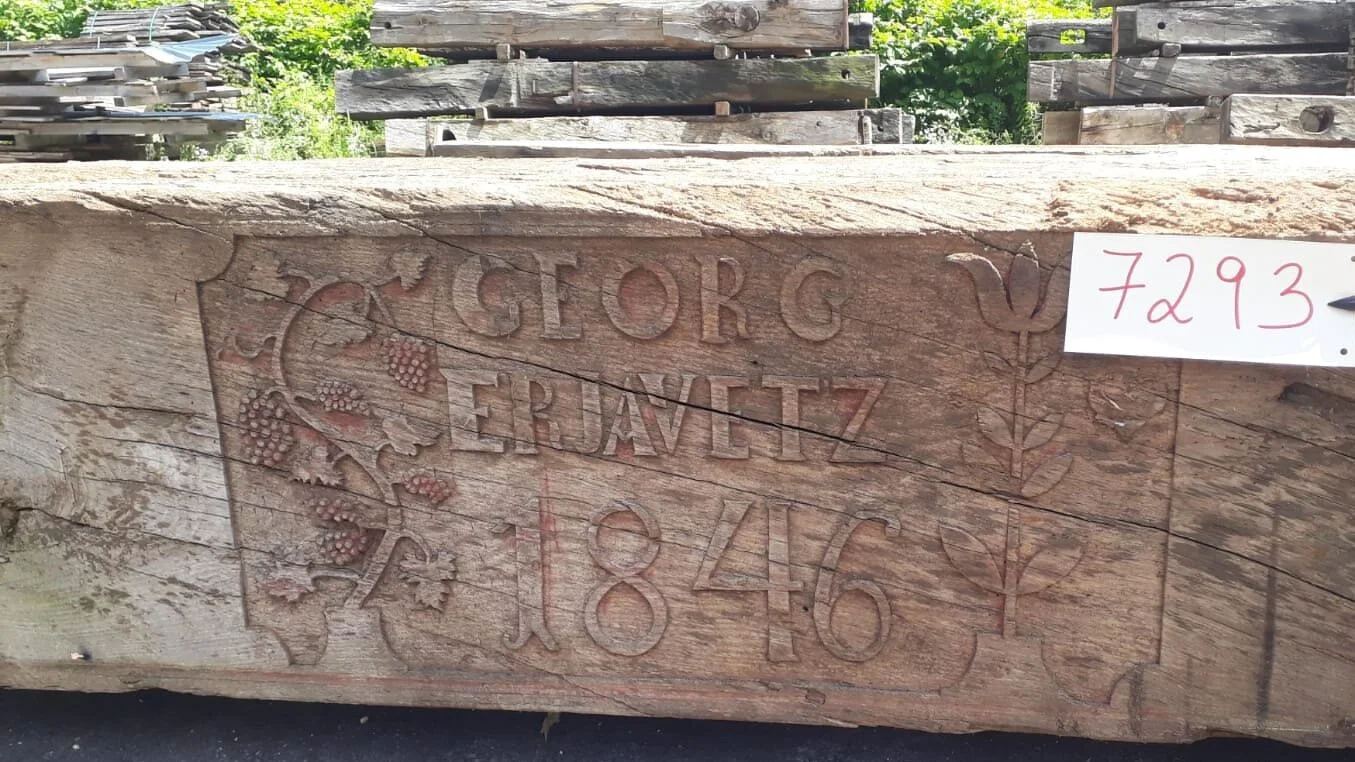 Reclaimed Vintage Oak Beam with original hand cut name of maker and date.