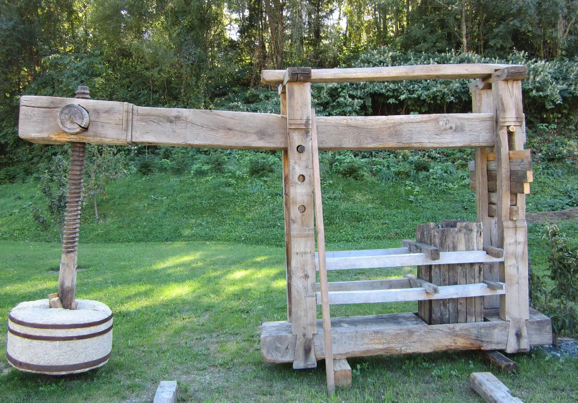 Complete Vintage Wine Presses including hand cut timber thread and unique stone counterweight, Every press is unique, Cut by hand 150 to 300+ years ago! Each village had their own. Combining their harvest to produce a village wine to share.  These are available but numbers are limited, an ideal heritage feature piece for any vineyard.