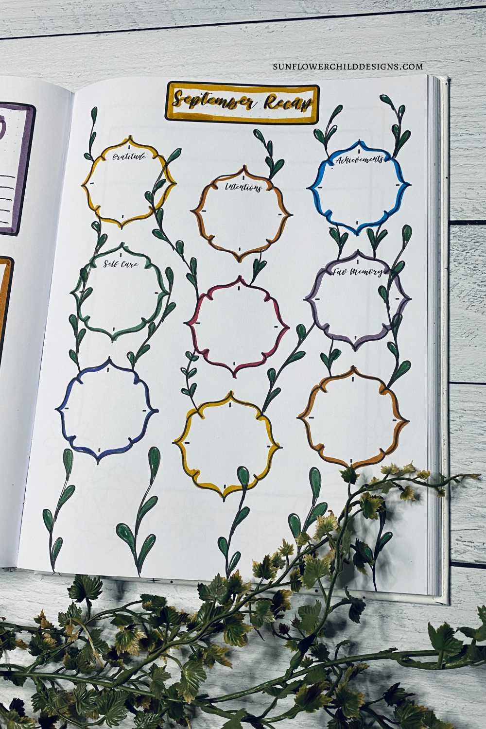 September monthly recap page from a chakra-themed bullet journal, featuring sections for gratitude, favorite memory, self-care, and end-of-month reflection.