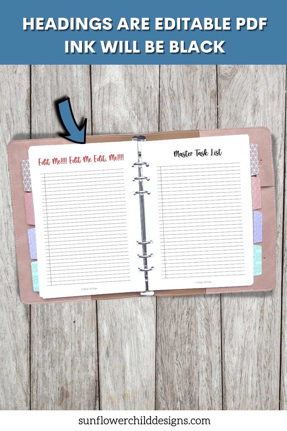 Editable master task list pages displayed in binder showing customizable headings and black ink version