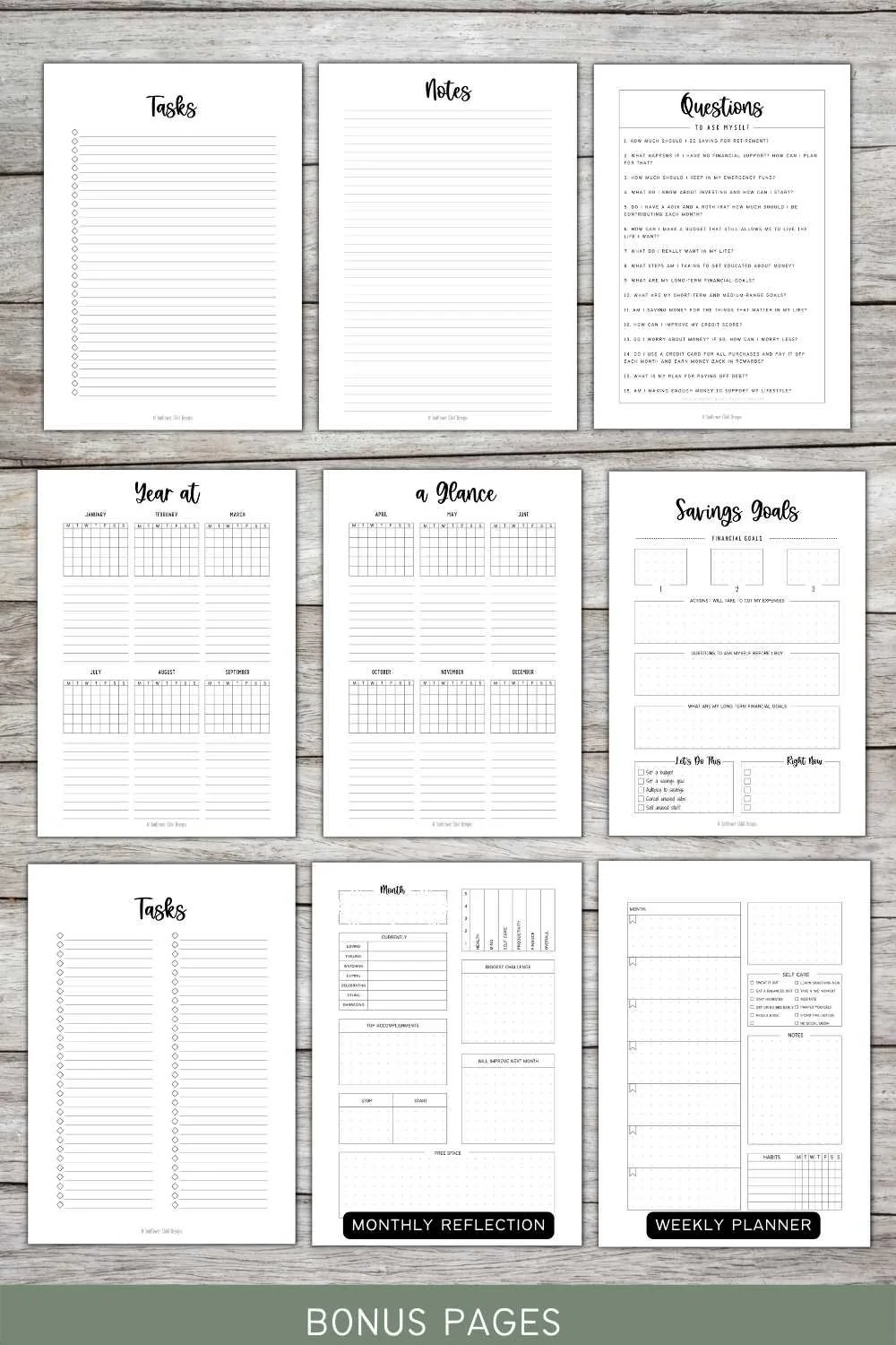 Weekly finance planner layouts for bills, budgeting, and expense categories.