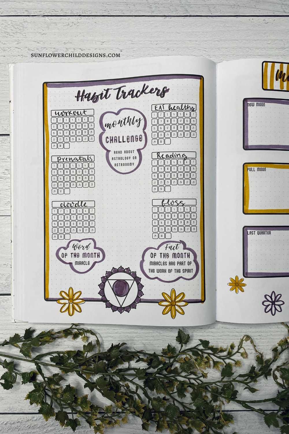 September bullet journal habit trackers from a chakra-themed guided journal, featuring pre-printed trackers, a monthly challenge, word of the month, and fact of the month.