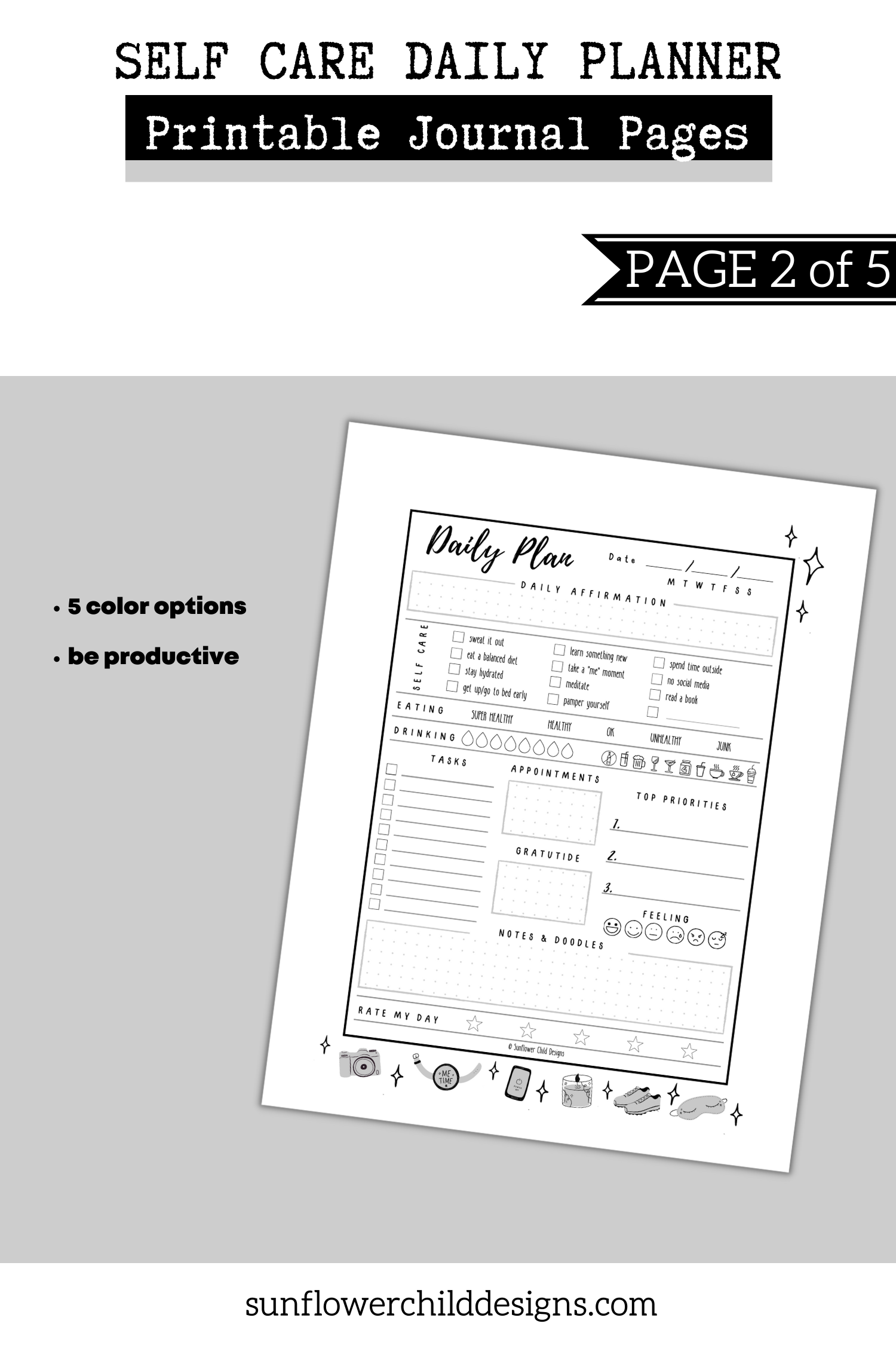 Self Care Daily Planner Printable Journal Pages Sparkle Edition bullet journal pages