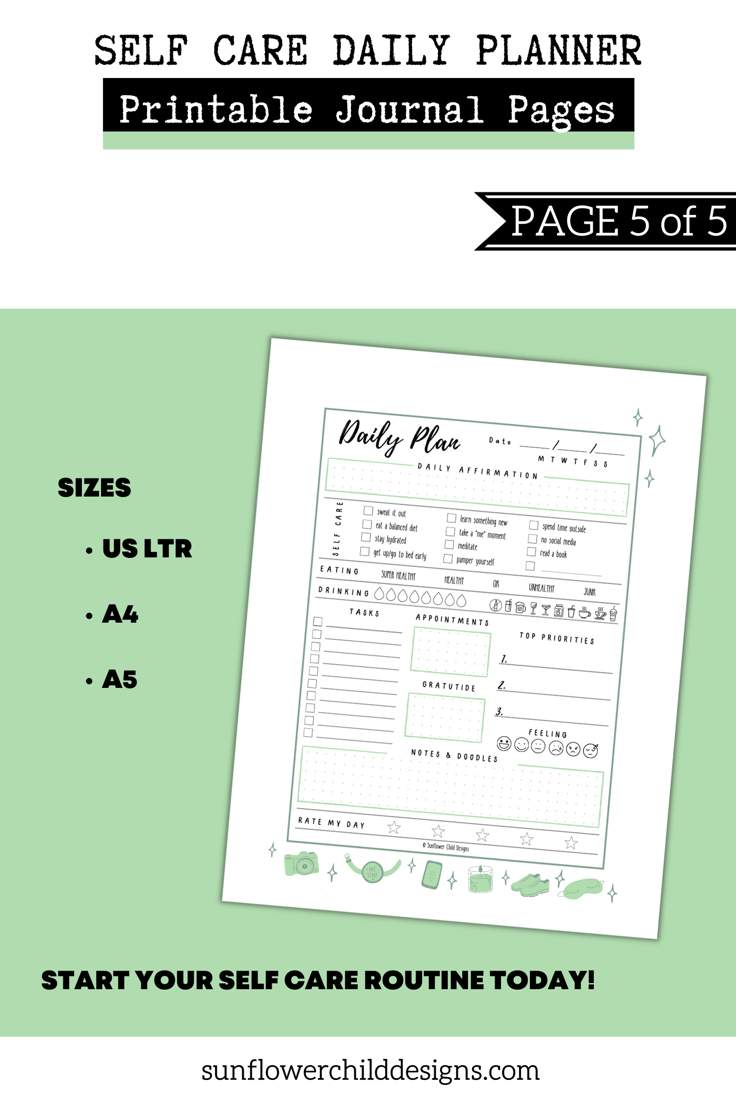 Self Care Daily Planner Printable Journal Pages Sparkle Edition bullet journal pages