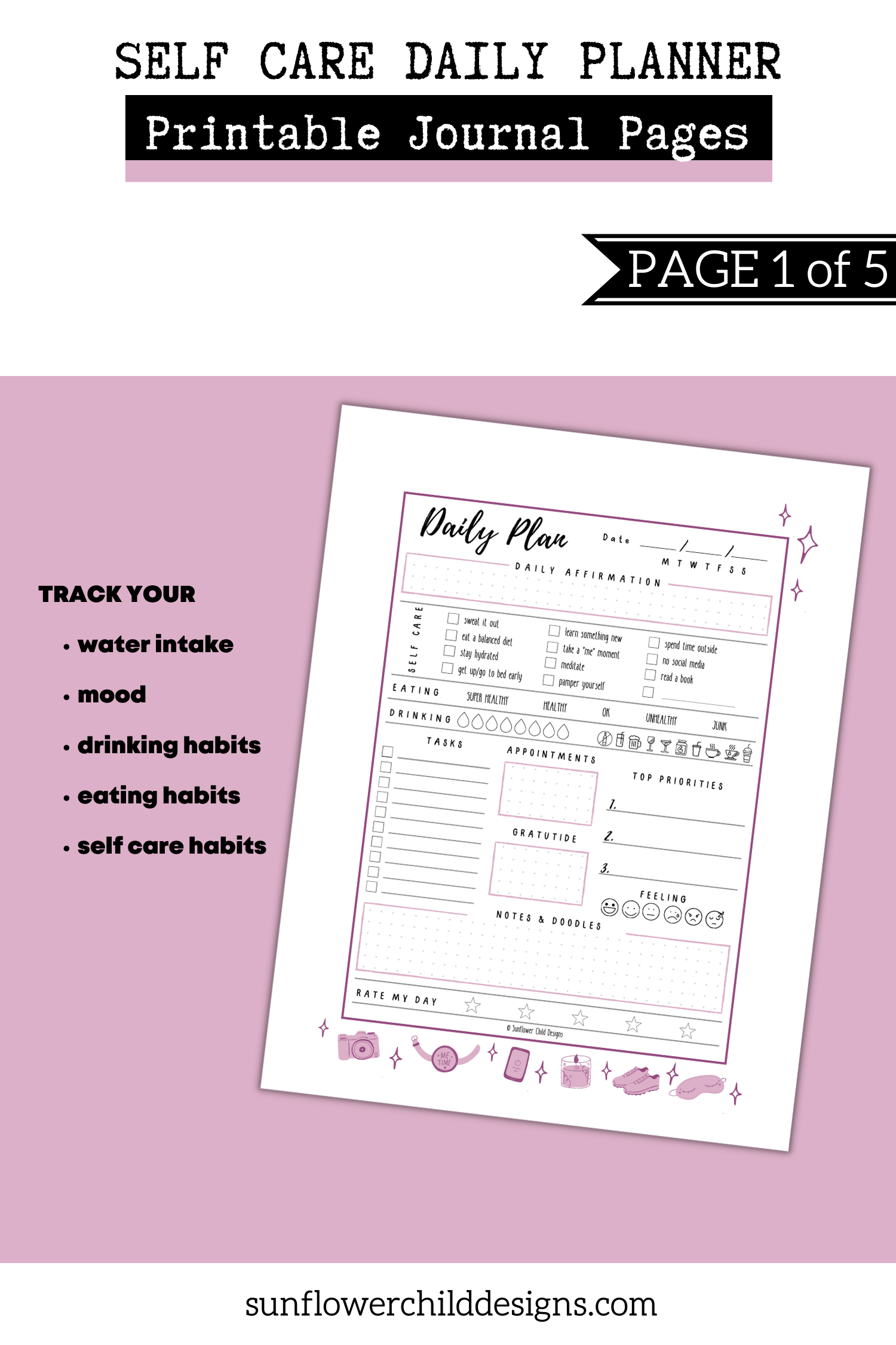 Self Care Daily Planner Printable Journal Pages Sparkle Edition bullet journal pages