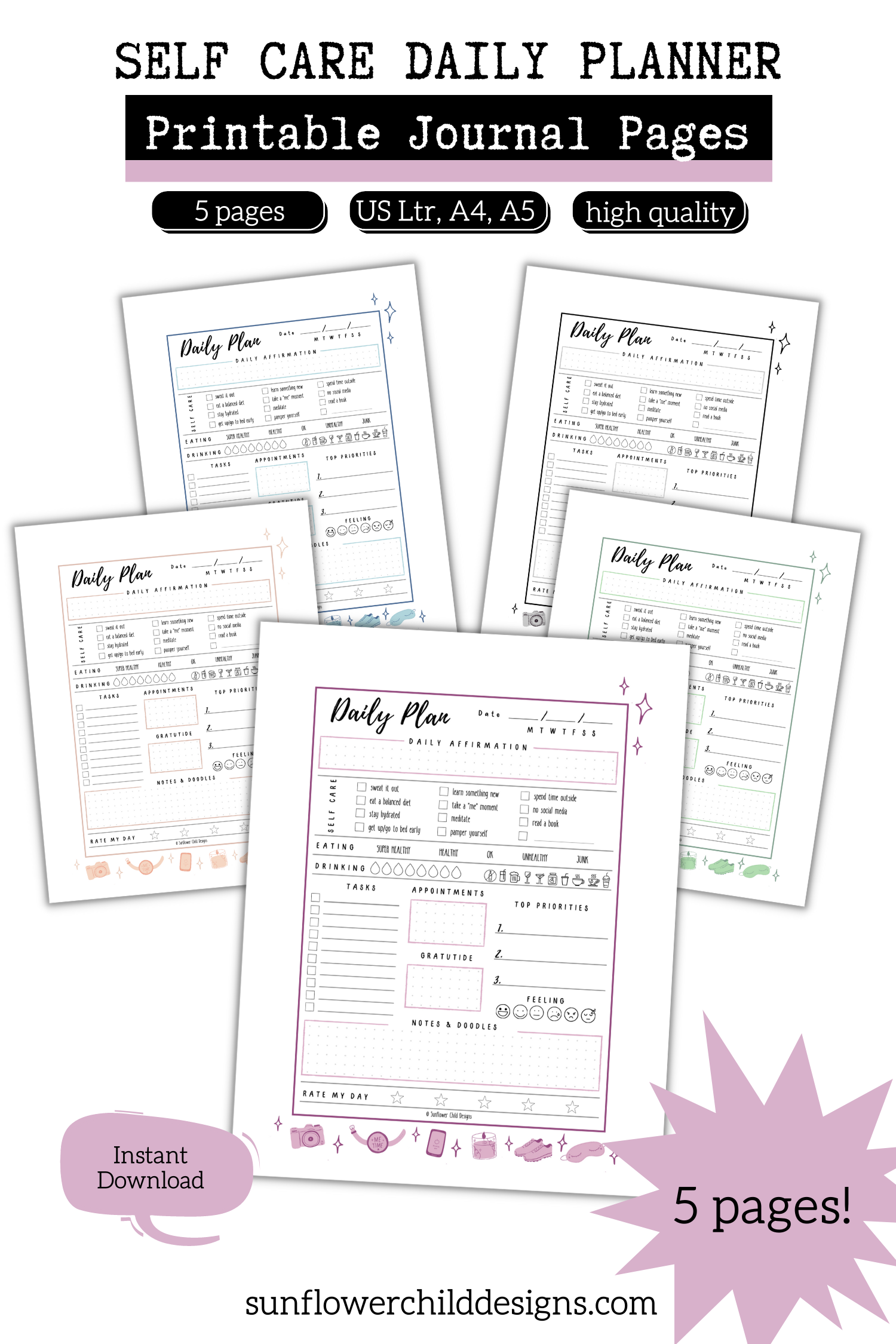 Self Care Daily Planner Printable Journal Pages Sparkle Edition bullet journal pages