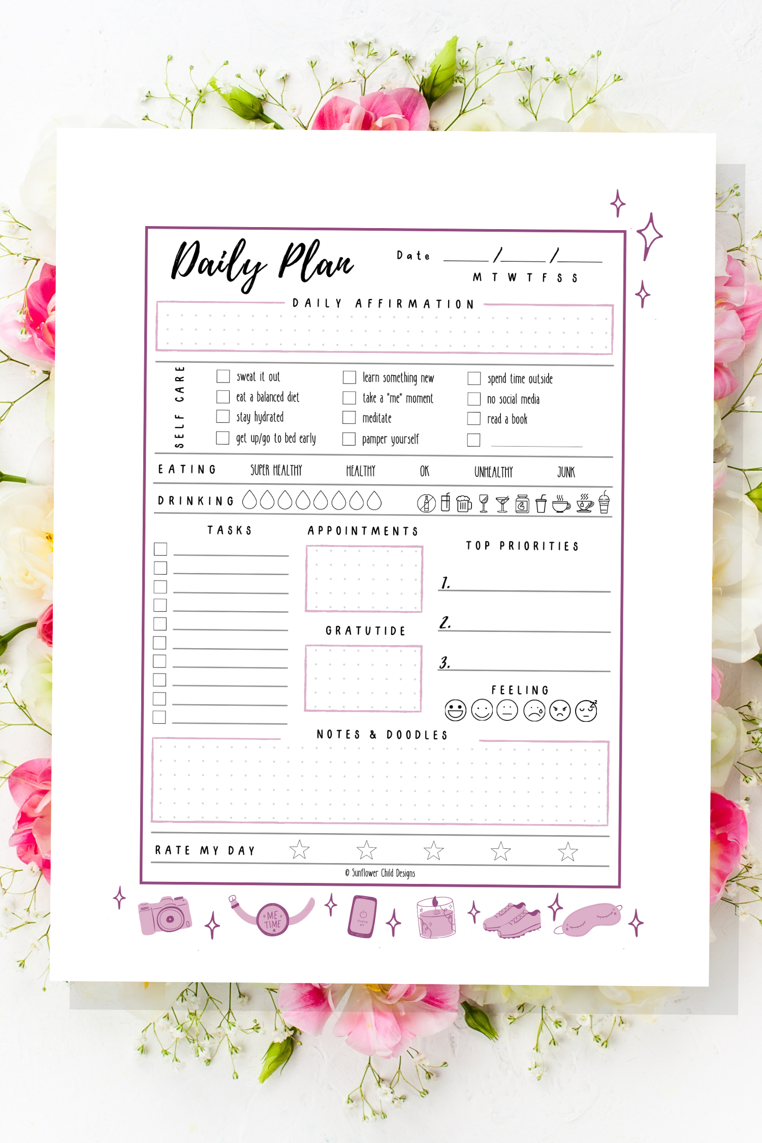 Self Care Daily Planner Printable Journal Pages Sparkle Edition bullet journal pages