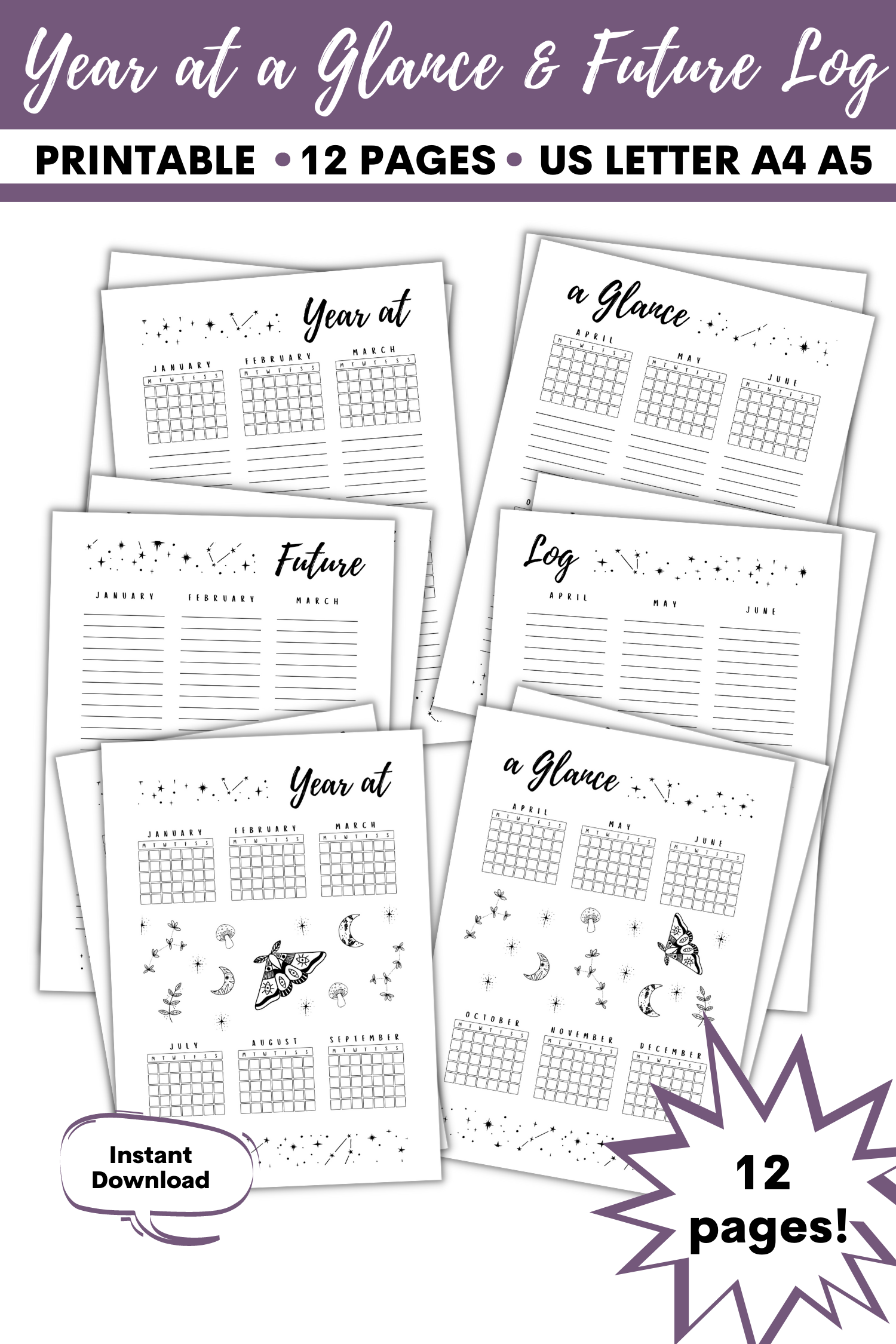 Year at a Glance and Future Log undated Planner Printable Bullet Journal Printable