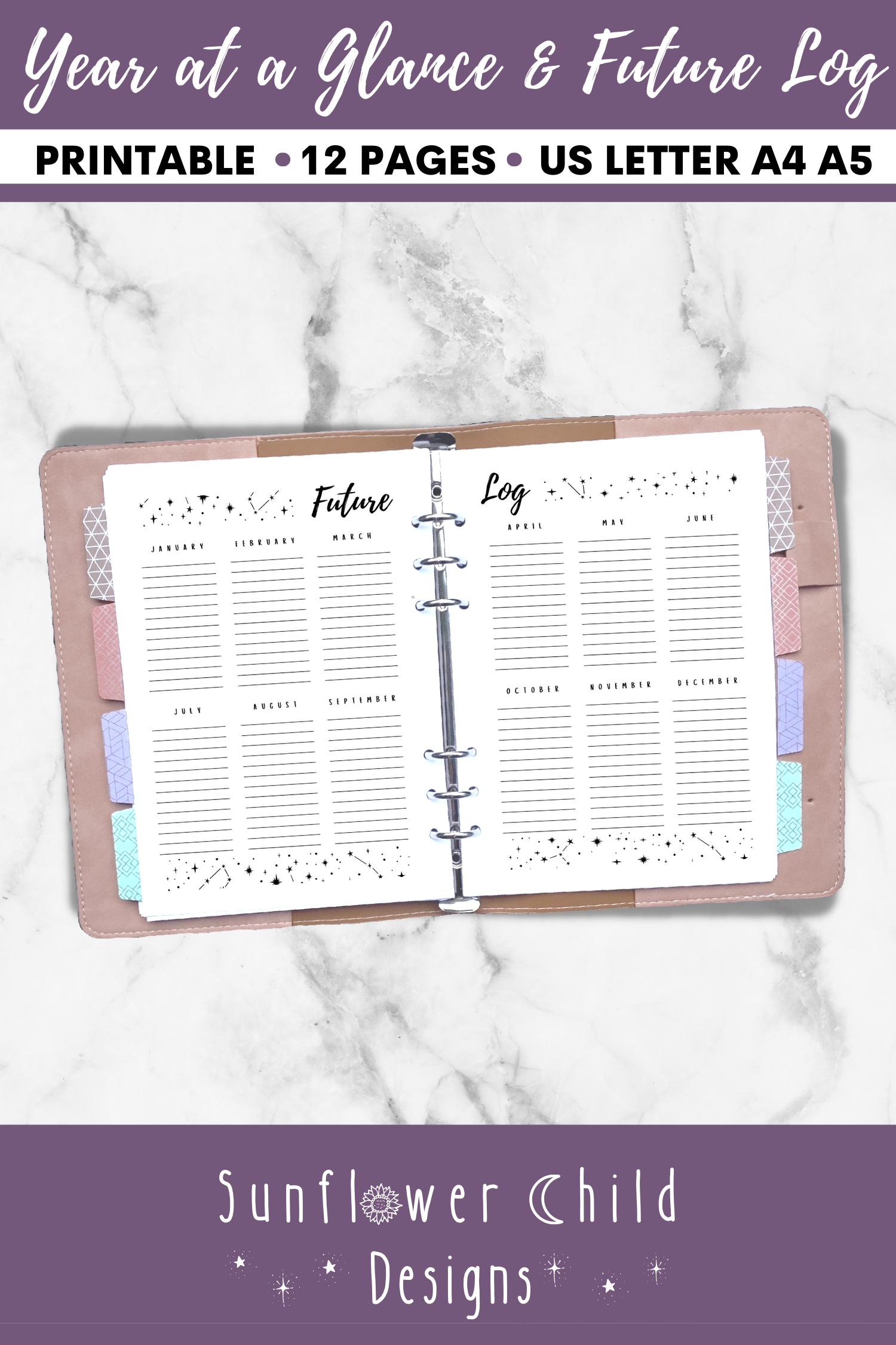 Year at a Glance and Future Log undated Planner Printable Bullet Journal Printable